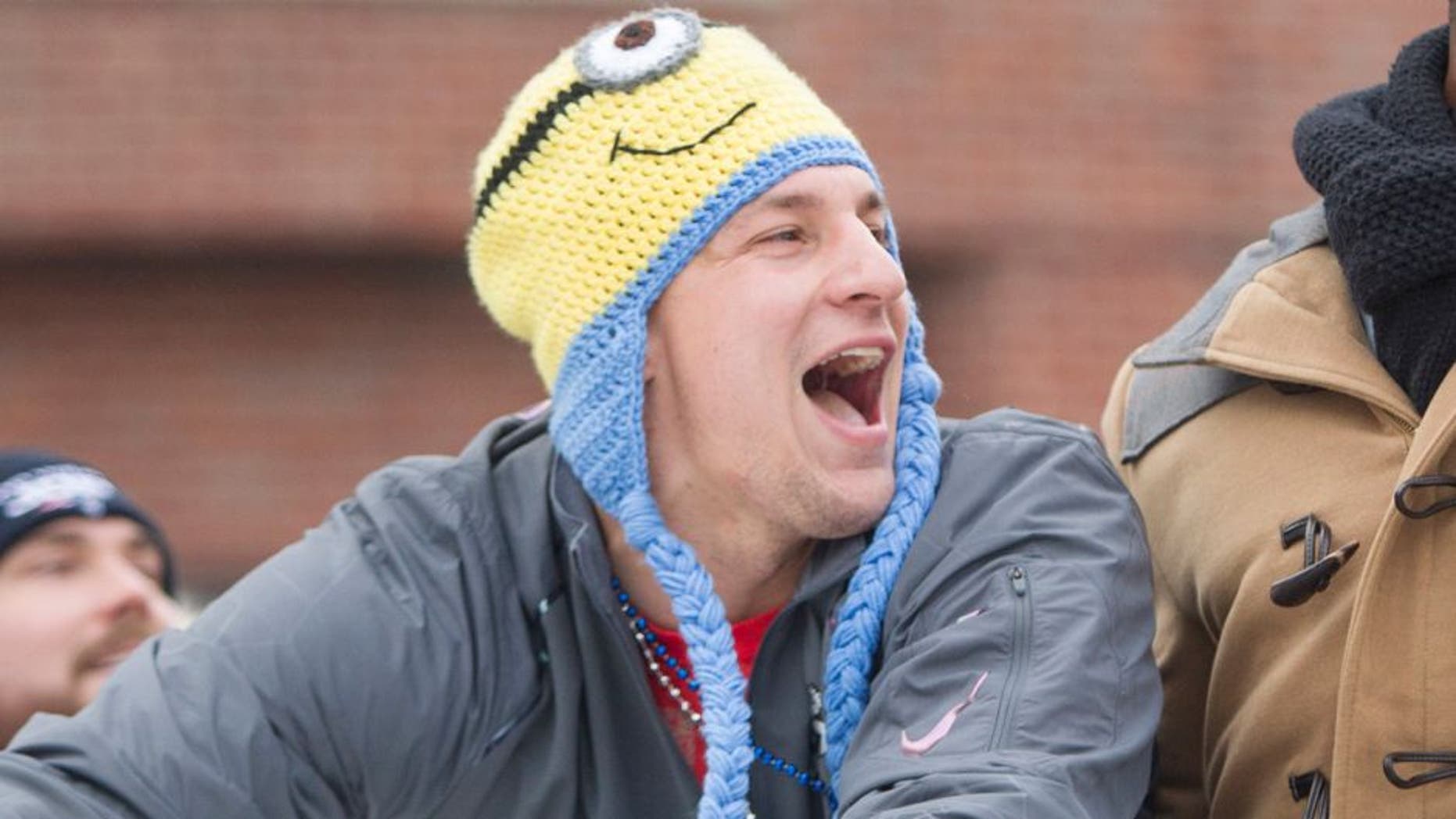 BOSTON, MA - FEBRUARY 4: Patriots tight end Rob Gronkowski yells to fans during the New England Patriots victory parade on February 4, 2015 in Boston, Massachusetts. (Photo by Scott Eisen/Getty Images)