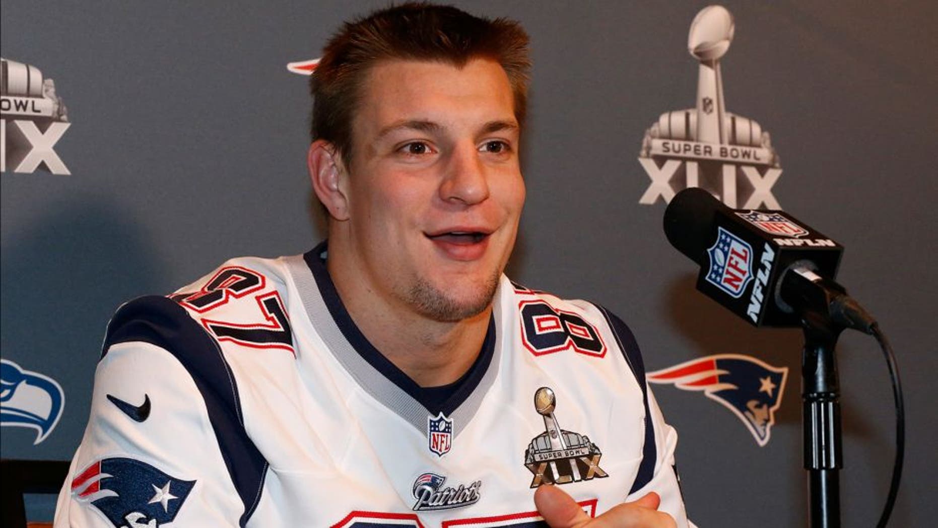 Jan 28, 2015; Chandler, AZ, USA; New England Patriots tight end Rob Gronkowski (87) answers questions during a press conference at Chandler Wild Horse Pass. Mandatory Credit: Matthew Emmons-USA TODAY Sports