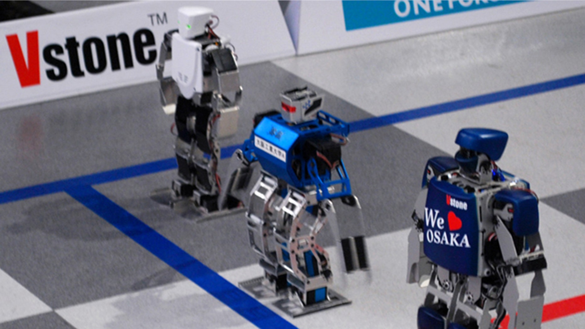Robots line up for a race during a press conference Wednesday, Feb. 16, 2011, announcing the world's first full marathon for robots will be kicked off on Feb. 24 in Osaka, western Japan.