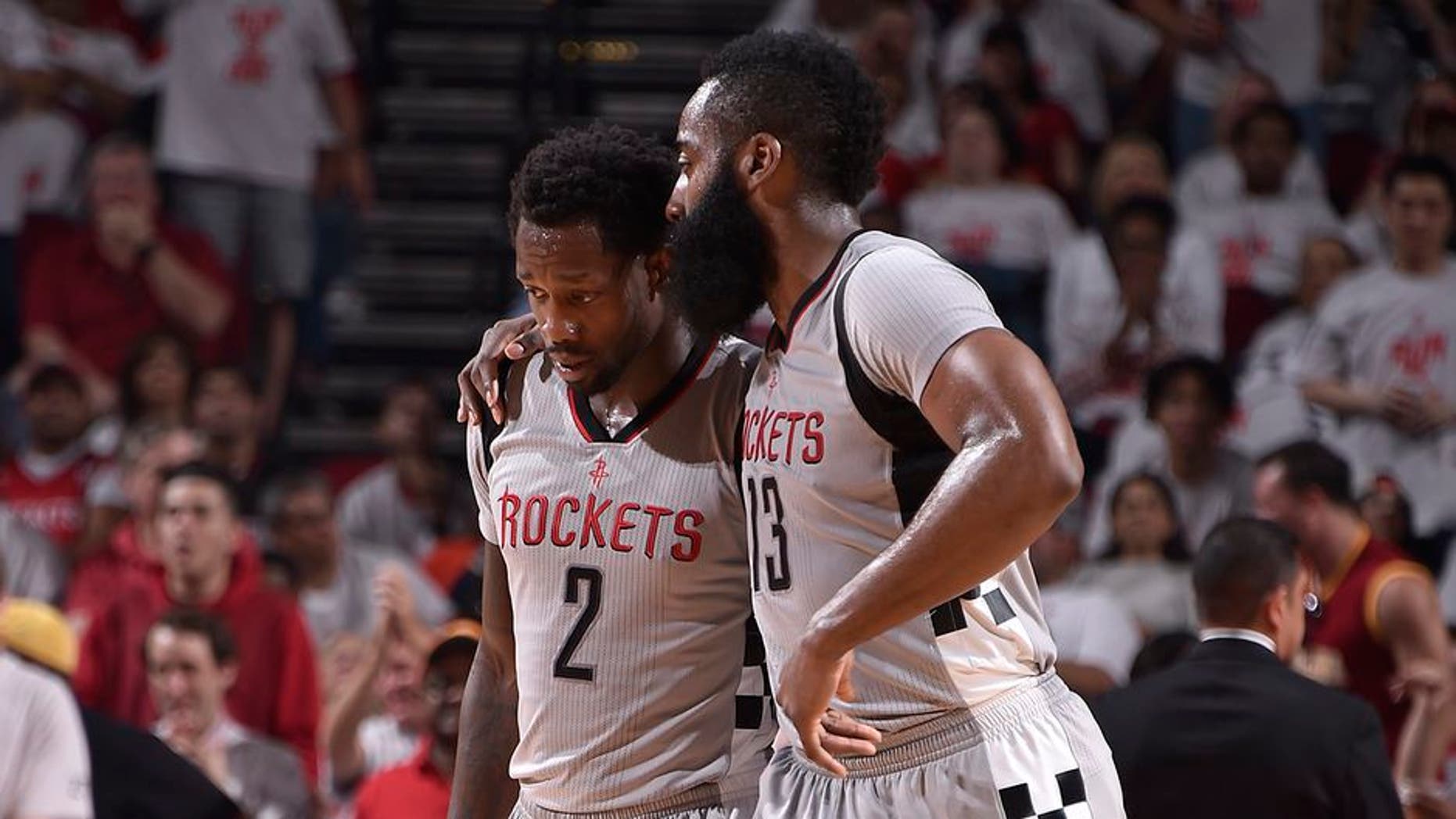 HOUSTON, TX - MAY 7: Patrick Beverley #2 and James Harden #13 of the Houston Rockets talk during the game against the San Antonio Spurs in Game Four of the Western Conference Semifinals of the 2017 NBA Playoffs on May 7, 2017 at the Toyota Center in Houston, Texas. NOTE TO USER: User expressly acknowledges and agrees that, by downloading and or using this photograph, User is consenting to the terms and conditions of the Getty Images License Agreement. Mandatory Copyright Notice: Copyright 2017 NBAE (Photo by Bill Baptist/NBAE via Getty Images)