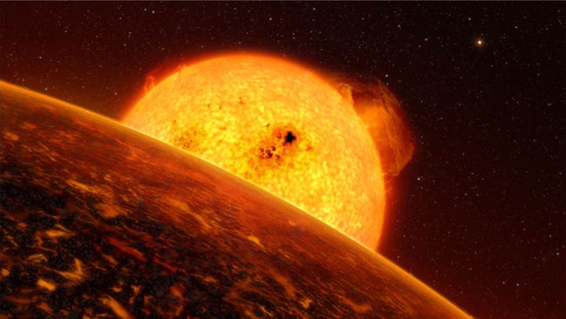 The rendering shows the planet CoRoT-7b, the first planet beyond our solar system with a proven density similar to Earth's and therefore thought to be rocky. It was discovered during 2009.