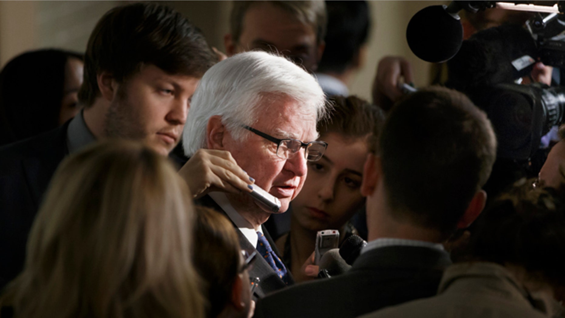 Jan. 9, 2015: House Appropriations Committee Chairman Rep. Hal Rogers, R-Ky., is surrounded by reporters on Capitol Hill following a closed-door meeting with House Republicans.