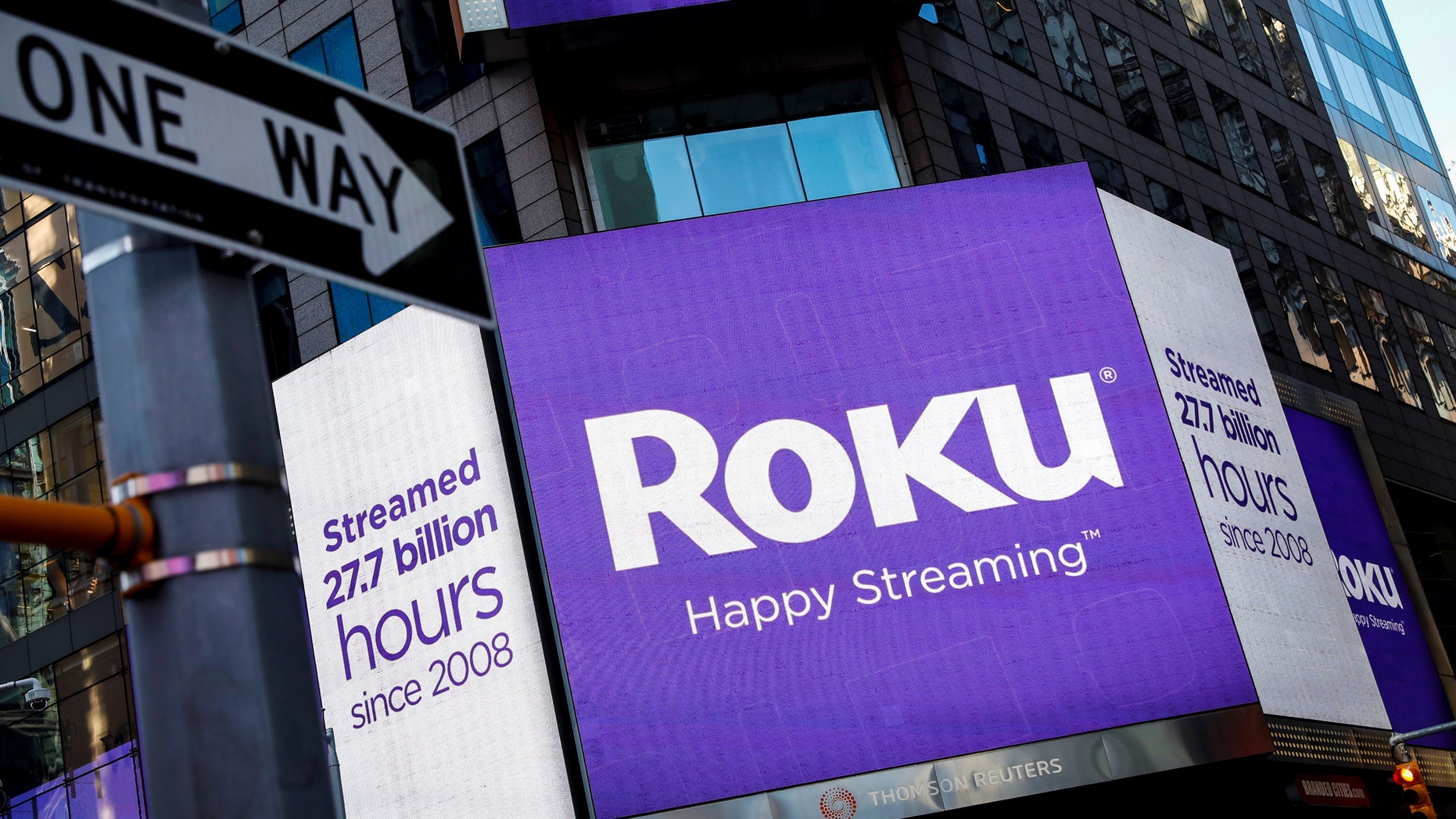 File photo: A video sign displays the logo for Roku Inc, a Fox-backed video streaming firm, in Times Square after the company's IPO at the Nasdaq Market in New York, U.S., September 28, 2017. (REUTERS/Brendan McDermid)