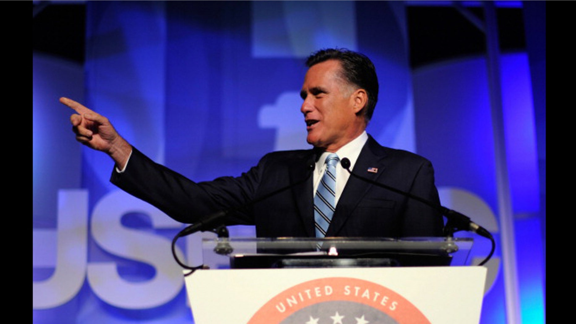 LOS ANGELES, CA - SEPTEMBER 17: Republican presidential candidate, former Massachusetts Gov. Mitt Romney addresses the U.S. Hispanic Chamber of Commerce's 33rd annual national convention in Los Angeles, Calif.