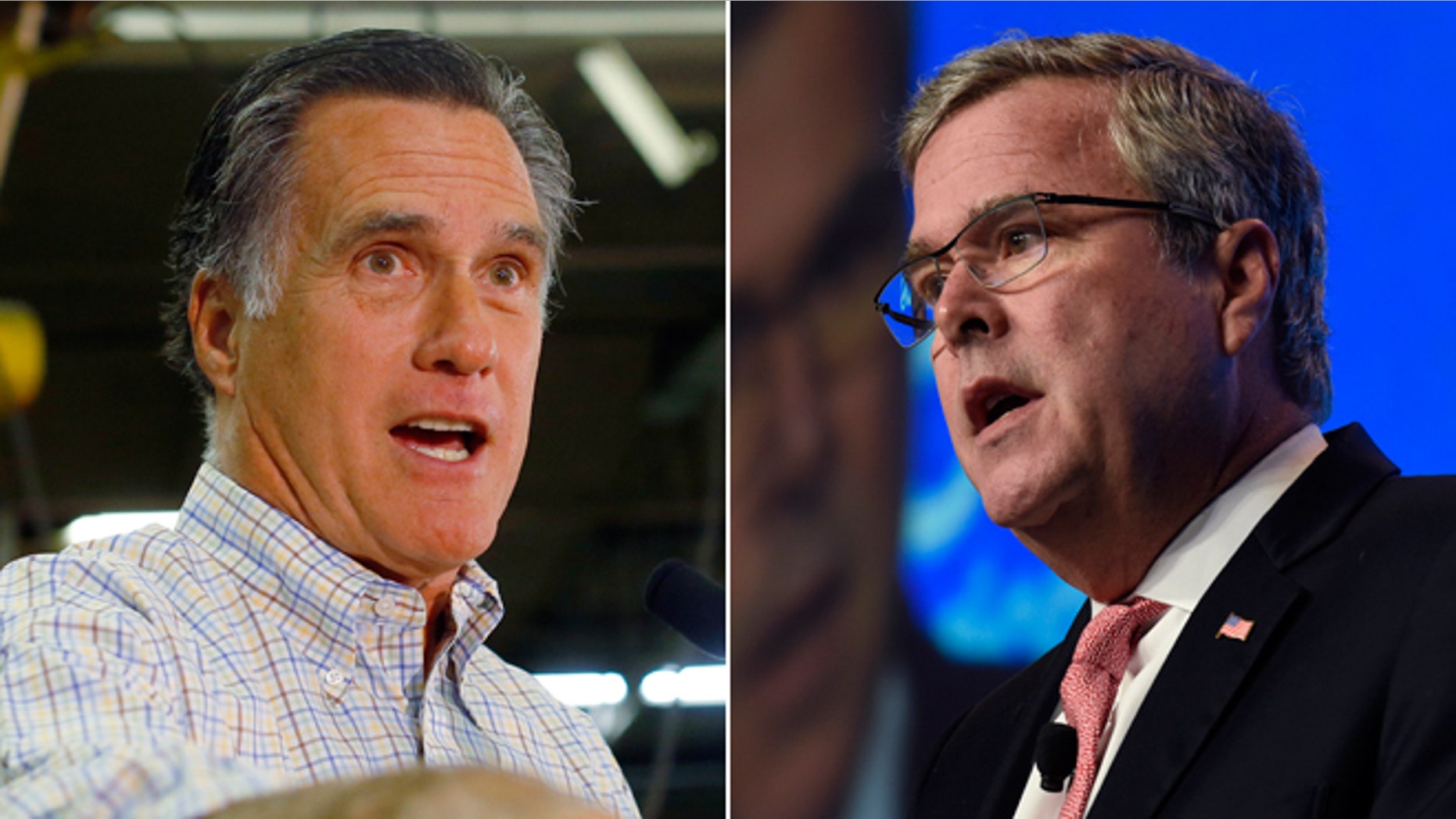 Oct. 15, 2014 file photo of former Republican presidential nominee Mitt Romney in New Hampshire and Nov. 20, 2014 file photo of former Florida Gov. Jeb Bush in Washington.