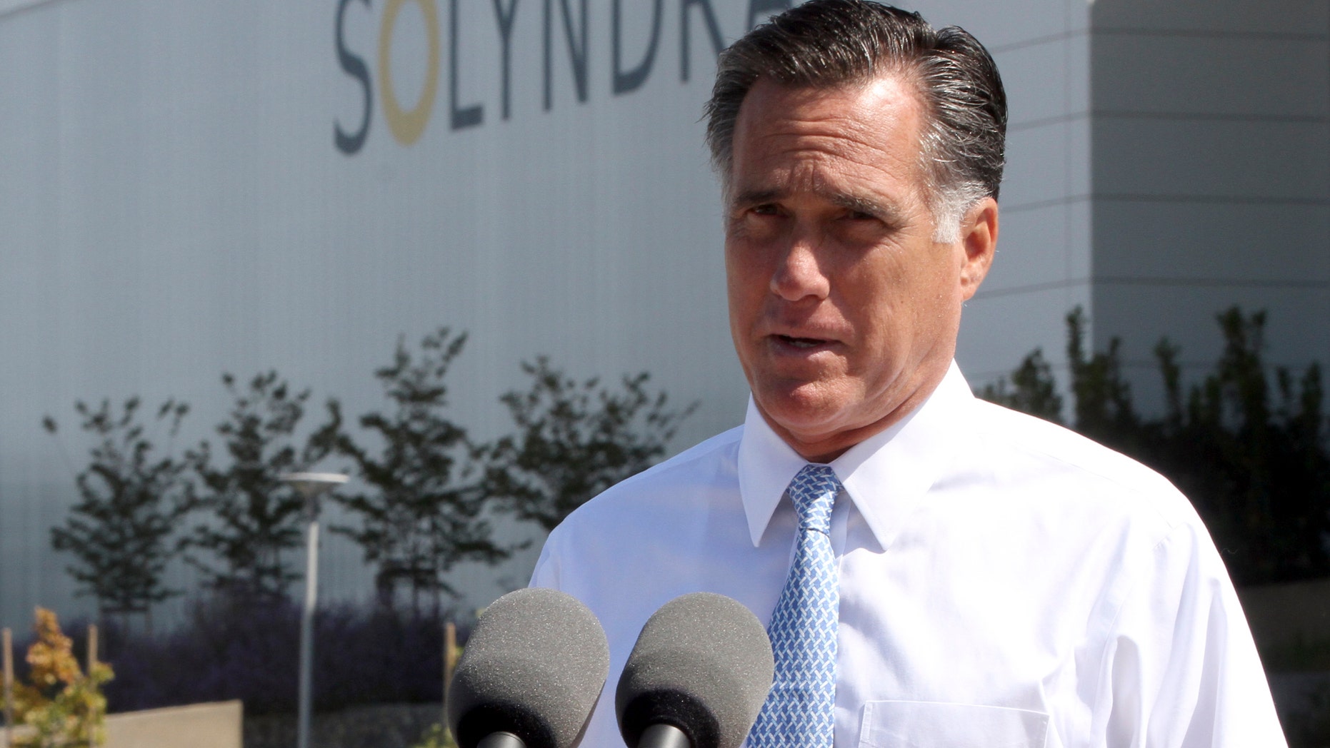 May 31, 2012: In this file photo, Republican presidential candidate, former Massachusetts Gov. Mitt Romney speaks outside the Solyndra manufacturing facility, in Fremont, Calif. Romney says Friday's jobs report is devastating news for American workers and families.