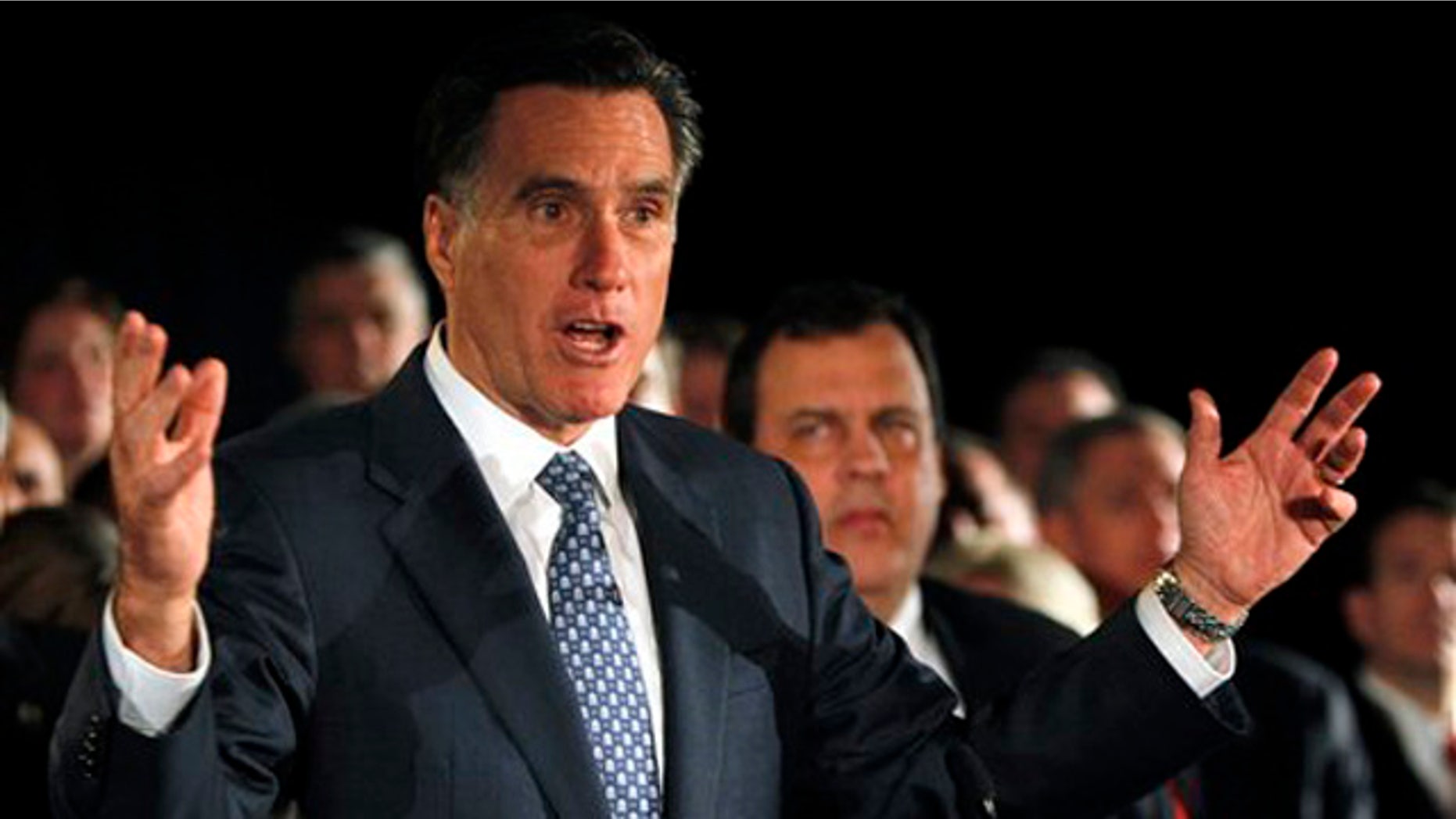 Dec. 12, 2011: Mitt Romney gestures during a speech at a fundraising event in Parsippany, N.J.