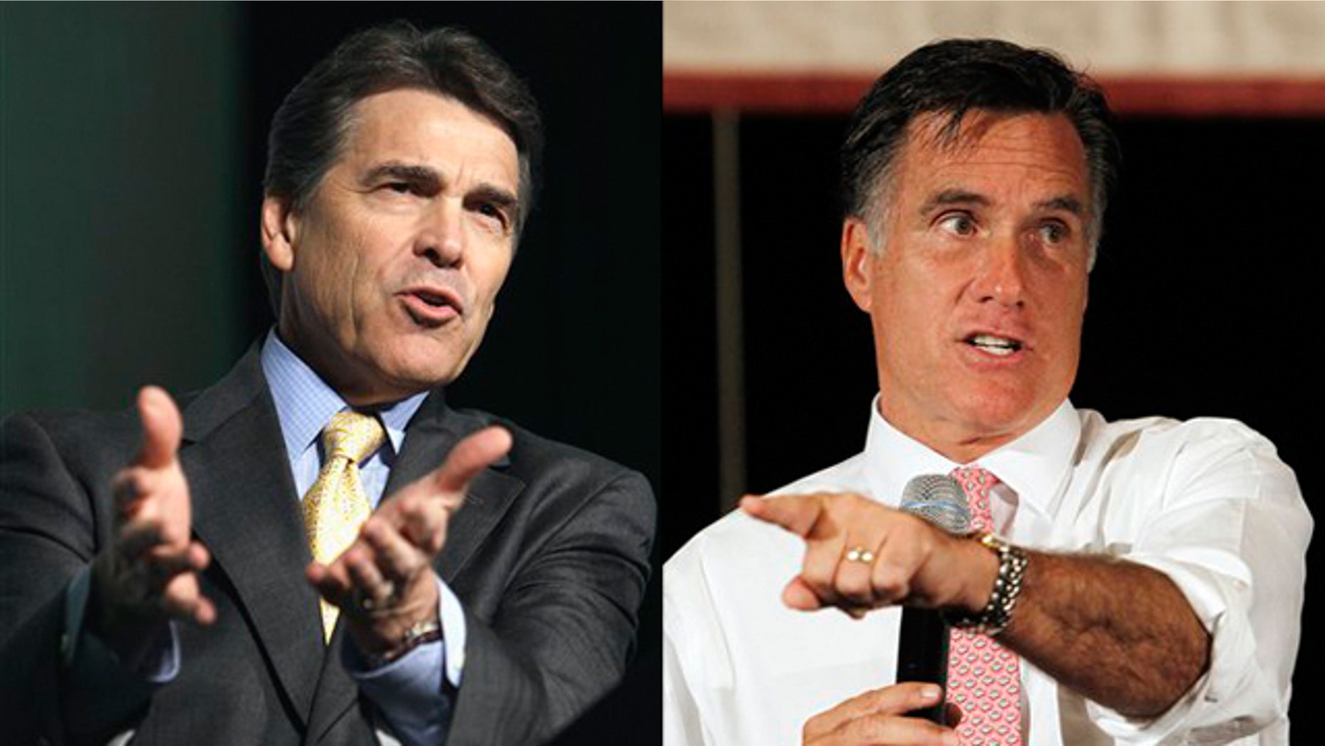 Shown here are Texas Gov. Rick Perry, left, and former Massachusetts Gov. Mitt Romney.