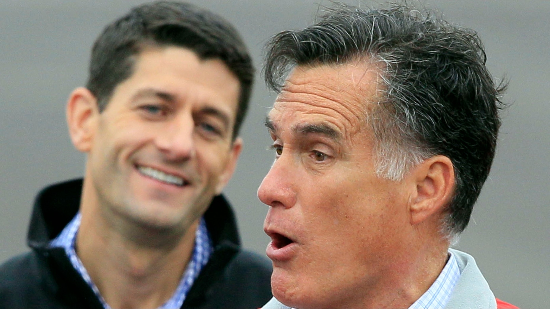 Sept. 25, 2012: Mitt Romney and running mate Rep. Paul Ryan, R-Wis., left, speak at Wright Brothers Aviation, in Vandalia, Ohio.