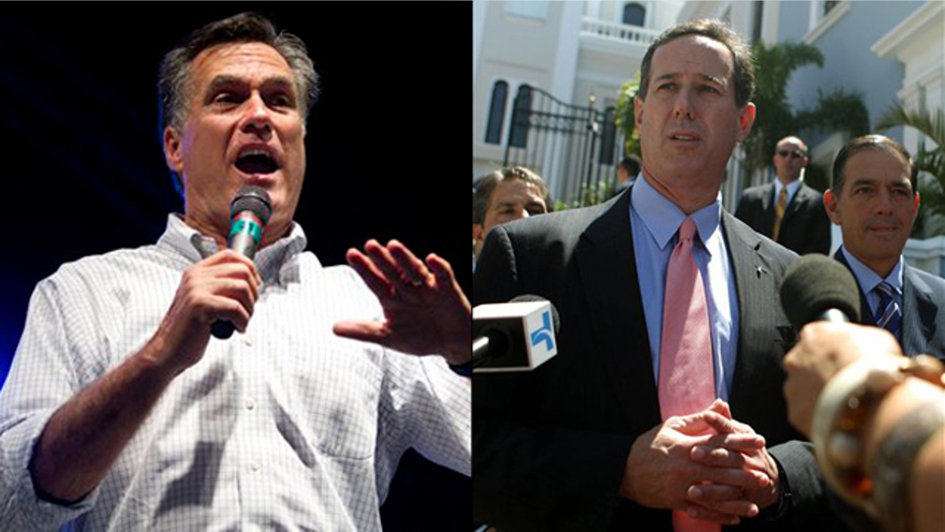 Mitt Romney, left, and Rick Santorum are shown campaigning in Puerto Rico.