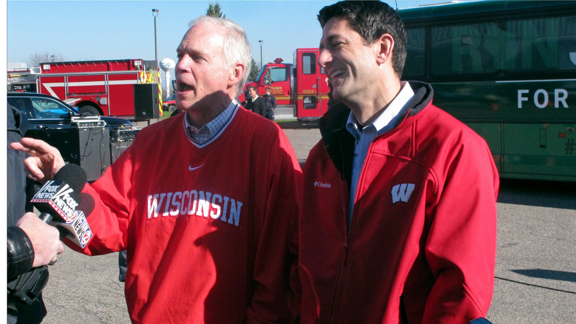 Nov. 4, 2016: U.S. House Speaker Paul Ryan, right, and Republican Sen. Ron Johnson, of Wisconsin, meet with reporters as they campaign together in Mosinee, Wis.