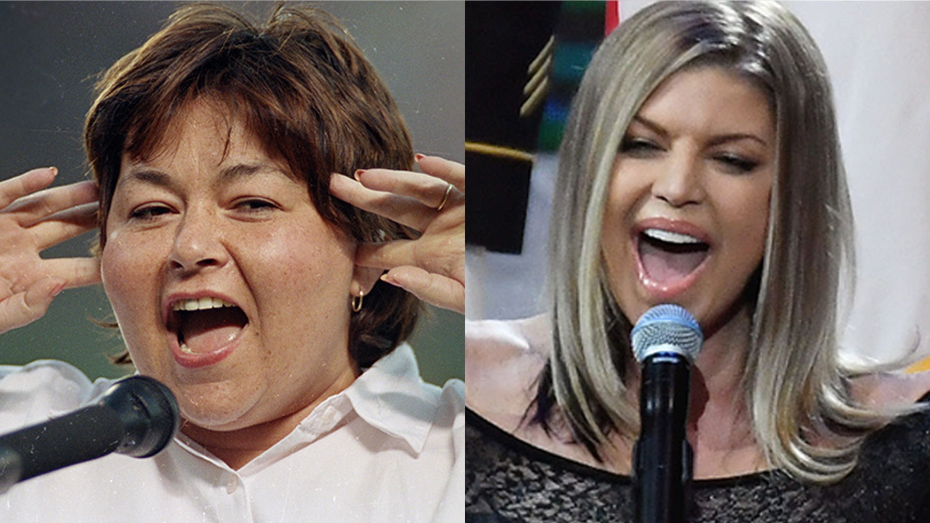 Roseanne Barr, who sang the national anthem in 1990 (left), compared her performance to Fergie's at the Feb. 18 All-Star game.