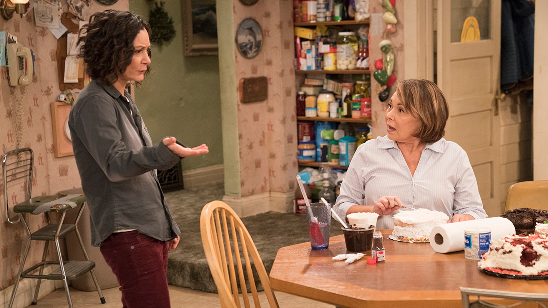 ROSEANNE - "Darlene v. David" - David unexpectedly shows up for Harris' birthday after being absent for years, forcing Darlene to re-examine their relationship and the rest of the family. Meanwhile, Roseanne and Jackie's mother, Bev, temporarily moves into the Conner home after an incident at the nursing home prevents her from returning, on the fifth episode of the revival of "Roseanne," TUESDAY, APRIL 17 (8:00-8:30 p.m. EDT), on The ABC Television Network. (ABC/Greg Gayne)
SARA GILBERT, ROSEANNE BARR