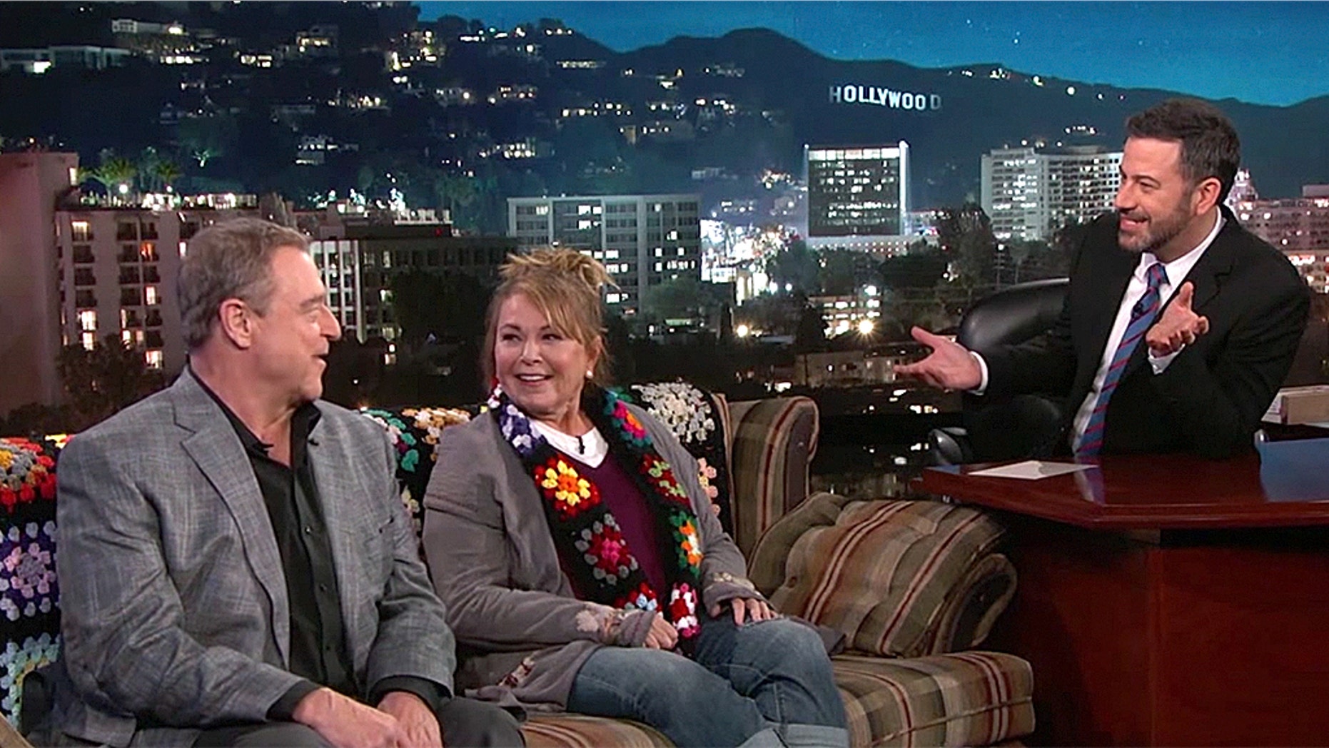 Jimmy Kimmel shows some support for Roseanne barr on social media. Here, the host interviews Barr with John Goodman back in March about the show's ABC premiere.