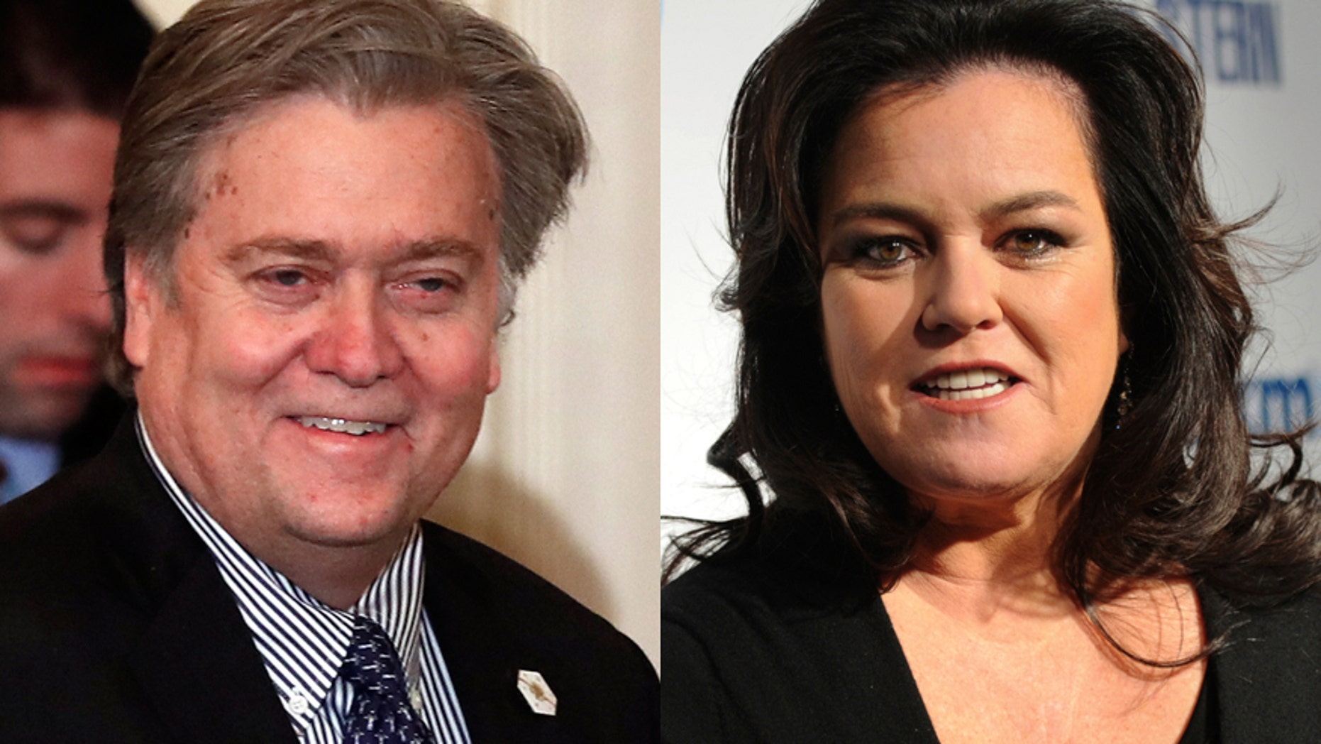 Steve Bannon, chief White House strategist to President Donald Trump, left, and comedian Rosie O'Donnell, right.