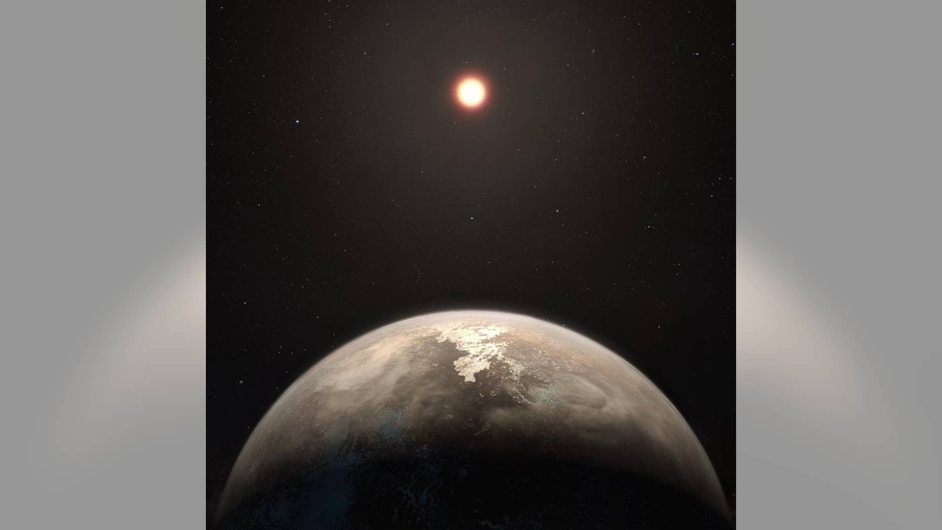This artist’s illustration shows the potentially temperate planet Ross 128b, with its red dwarf parent star in the background.