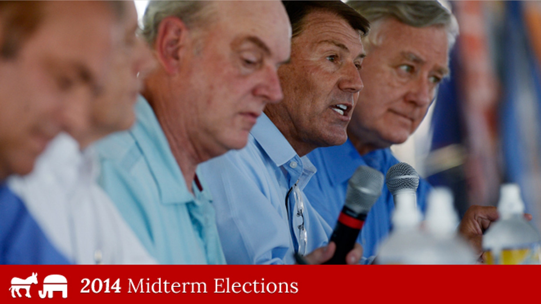 Aug. 27, 2014: South Dakota GOP Senate candidate Mike Rounds speaks while debating rivals Rick Weiland, Larry Pressler and Gordon Howie at Dakotafest in Mitchell, S.D.