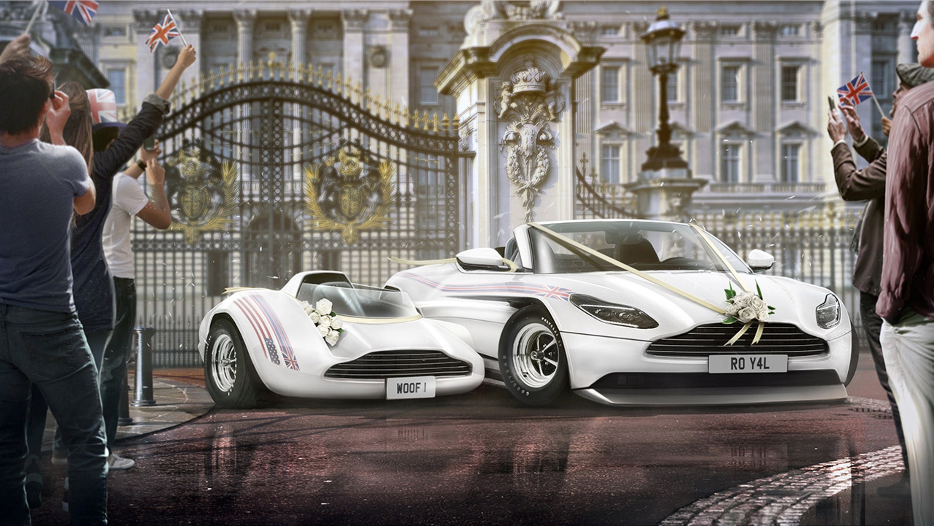 Royal wheels infographicâ¦..Brits believe this is going to be the vehicle newlyweds Prince Harry and Meghan Markle will drive off into the sunset in following their wedding. See story SWCAR. The cool white sports car merges the best of British and American motoring â an Aston Martin DB11 and the iconic Ford Mustang - which topped a survey of more than 2,000 adults to uncover the top choices for the wedding vehicle. It is also thought the vehicle will feature neutral ribbons and elegant white flowers for a simple and classy look. The research, commissioned by webuyanycar.com, revealed 86 per cent of Brits believe Harry and Meghan will hop into a British car on their big day, while one in 10 imagine the motor could be a half and half American-British hybrid. The DB11 shape forms the base of webuyanycarâs imaginary Windsor wedding car, adapted with the wheels and arches of the iconic Mustang.