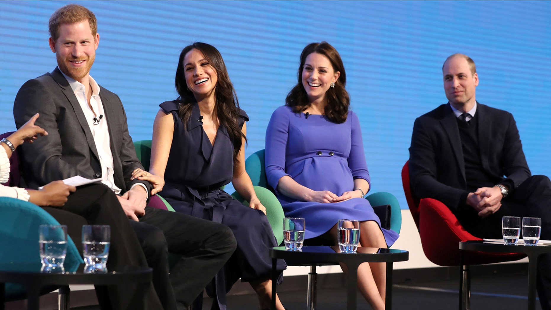 Britain's Prince Harry, his fiancee Meghan Markle, Prince William and Catherine, Duchess of Cambridge attend the first annual Royal Foundation Forum held at Aviva in London, February 28, 2018 .