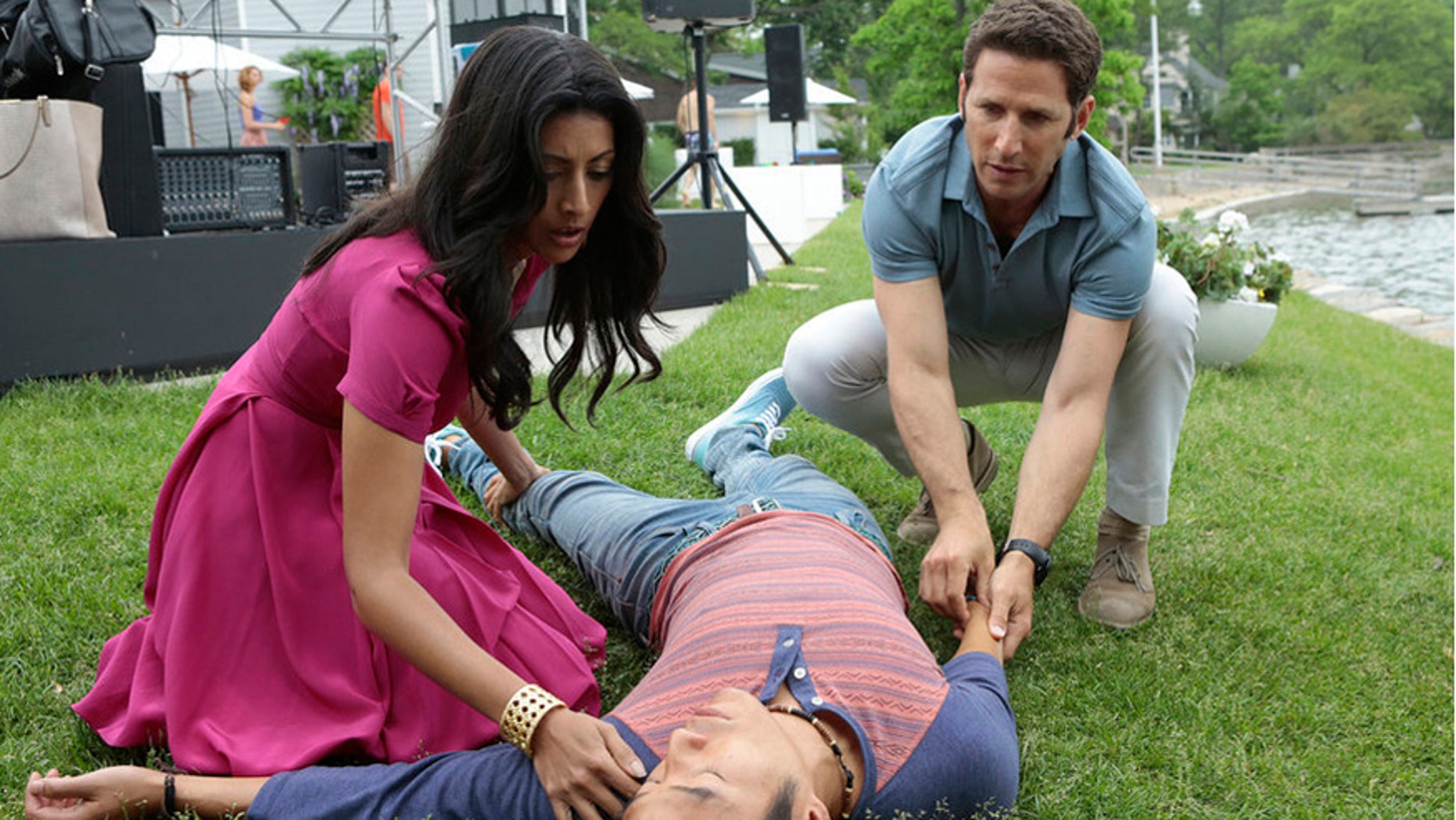 (L-r) Reshma Shetty as Divya Katdare, Leonardo Lam as Billy, Mark Feuerstein as Dr. Hank Lawson in "Royal Pains."