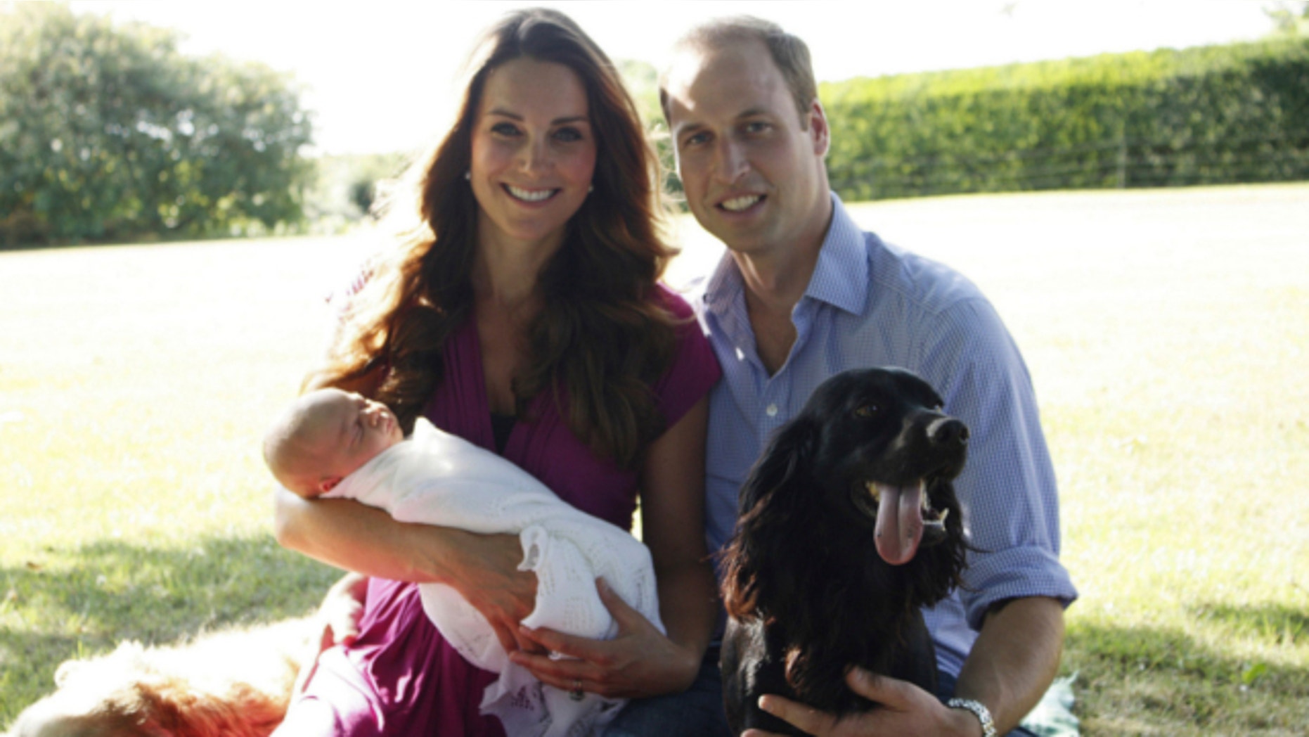 This image taken by Michael Middleton, the Duchess's father, in early August 2013 and supplied by Kensington Palace, shows the Duke and Duchess of Cambridge with their son, Prince George, in the garden of the Middleton family home in Bucklebury, England, with Tilly the retriever, seen left, a Middleton family pet, and Lupo, the couple's cocker spaniel.