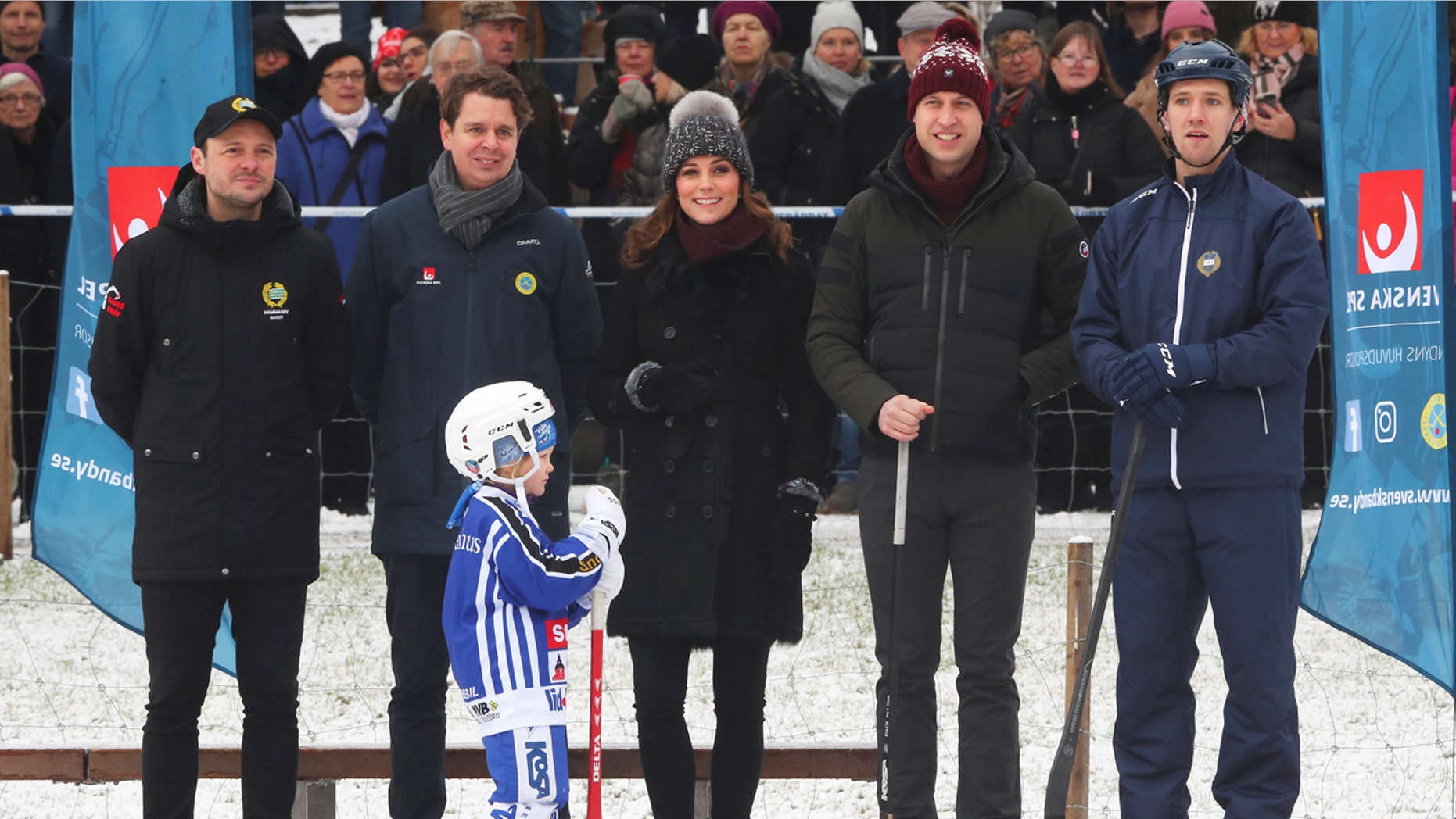 Britain's Prince William and Catherine, the Duchess of Cambridge, visit a bandy ice rink in Stockholm, during their official visit to Sweden, January 30, 2018.