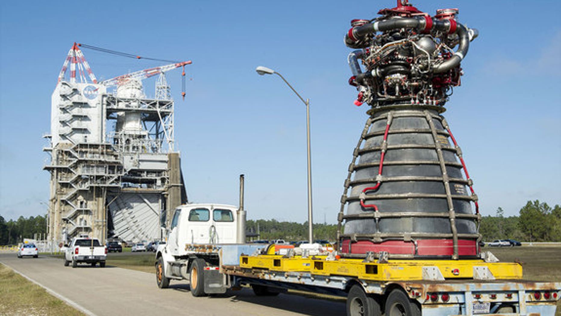 The RS-25 engine No. 2059 arrives at the A-1 Test Stand at NASA's Stennis Space Center on Nov. 4, 2015. The engine was test fired on March 10, 2016.