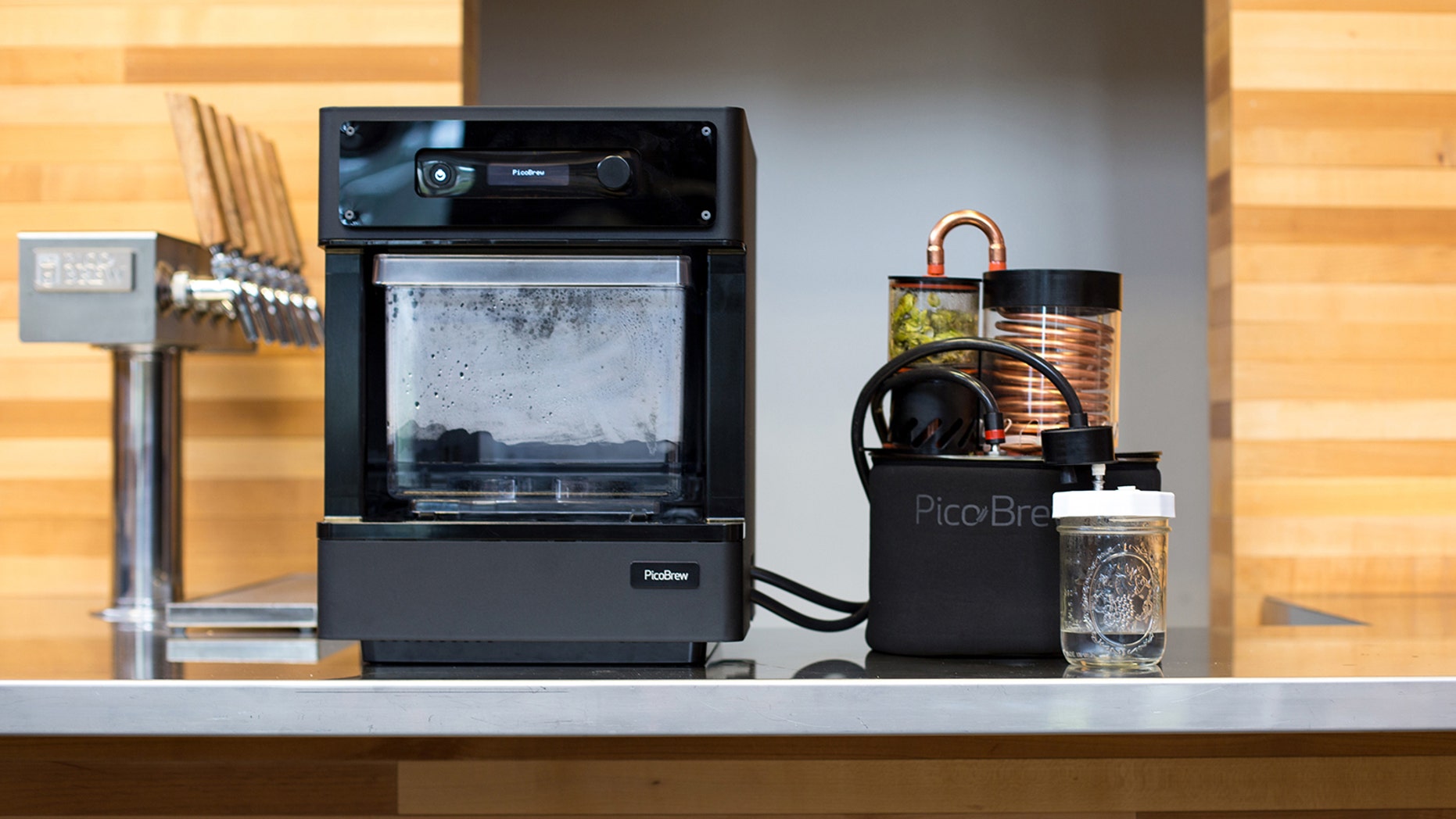 This counter top device can distill hop oil, water, and essential oils and liquor-- for those with a distilling license.