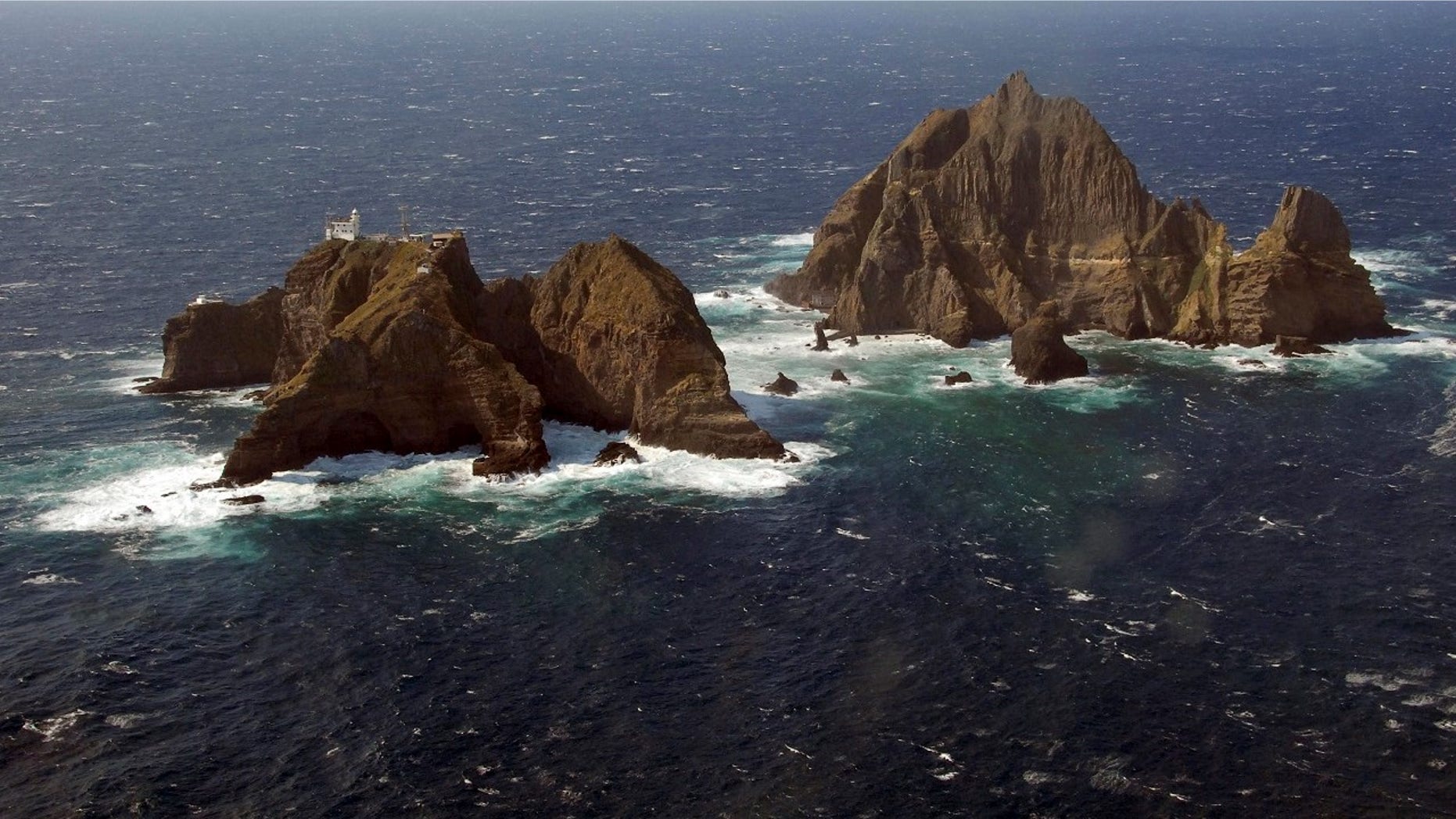 An aerial view shows a part of the group of islets known in South Korea as Dokdo and in Japan as Takeshima in the Sea of Japan.