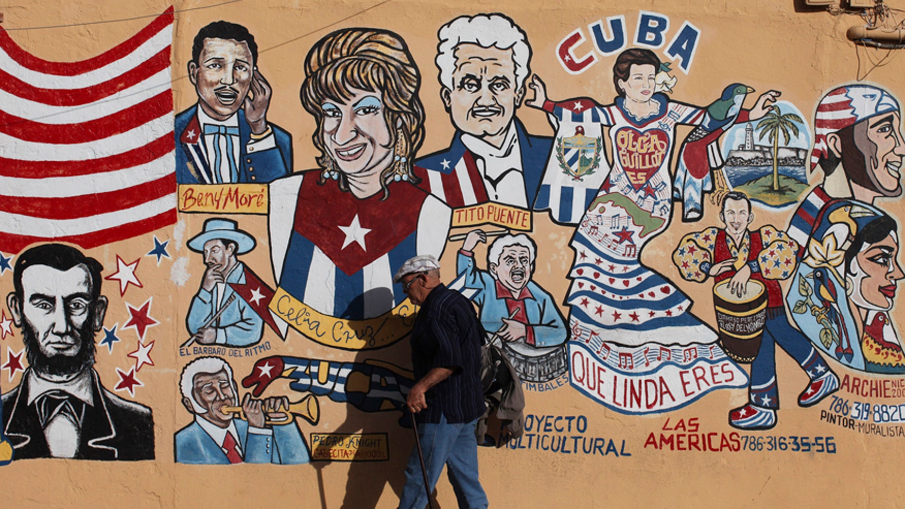 A man walks by a mural in the Little Havana neighborhood of Miami, Florida January 26, 2012. Florida Republicans will go to the polls on January 31 to choose among the party's candidates hoping to challenge President Barack Obama in the November general election.
Hispanics and non-Hispanic blacks each make up about 13 percent of Florida's registered voters, while non-Hispanic whites account for 68 percent. REUTERS/Shannon Stapleton (UNITED STATES - Tags: POLITICS ELECTIONS SOCIETY) - RTR2WX03