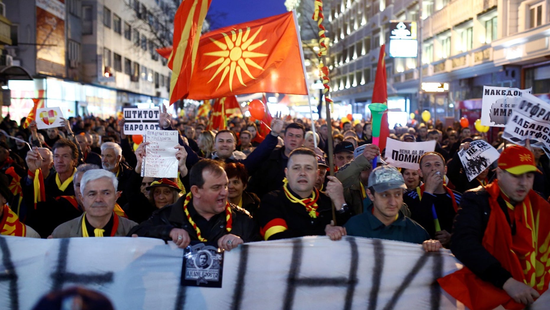 Protesters demonstrate against an agreement that would ensure the wider official use of the Albanian language, in Skopje, Macedonia March 9, 2017.