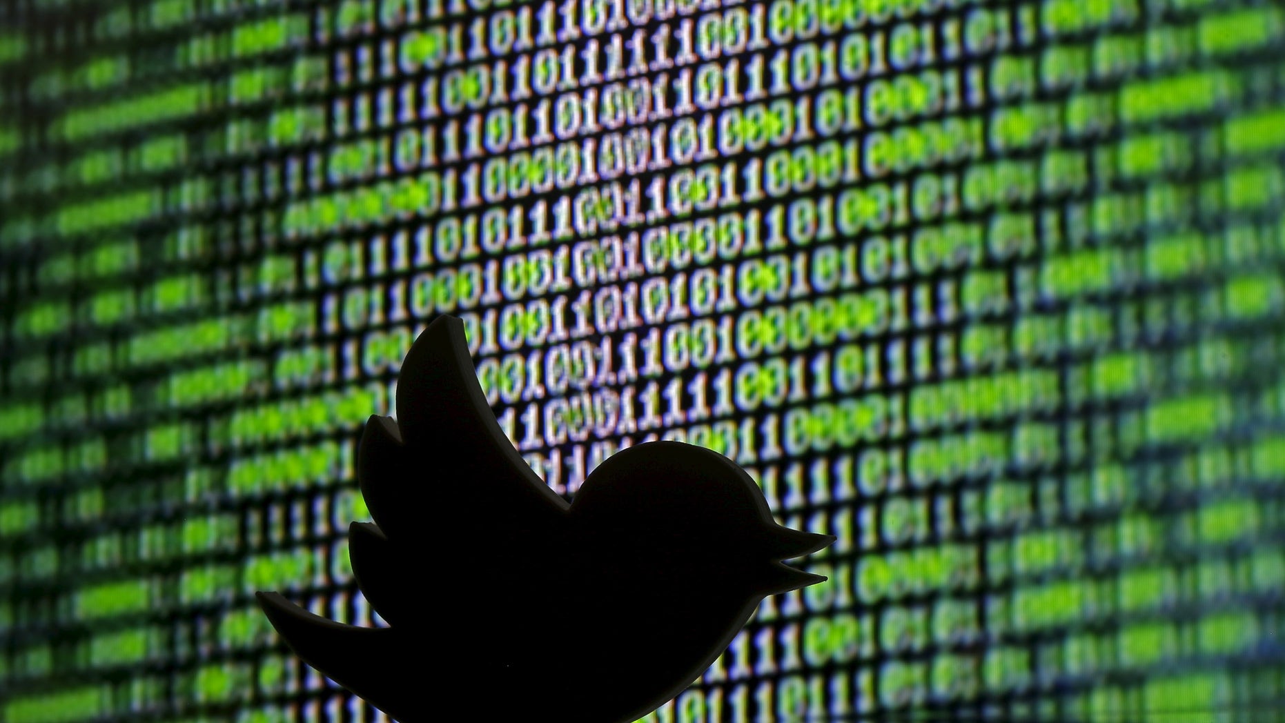 A 3D printed Twitter logo is seen in front of a displayed cyber code in this illustration taken March 22, 2016.