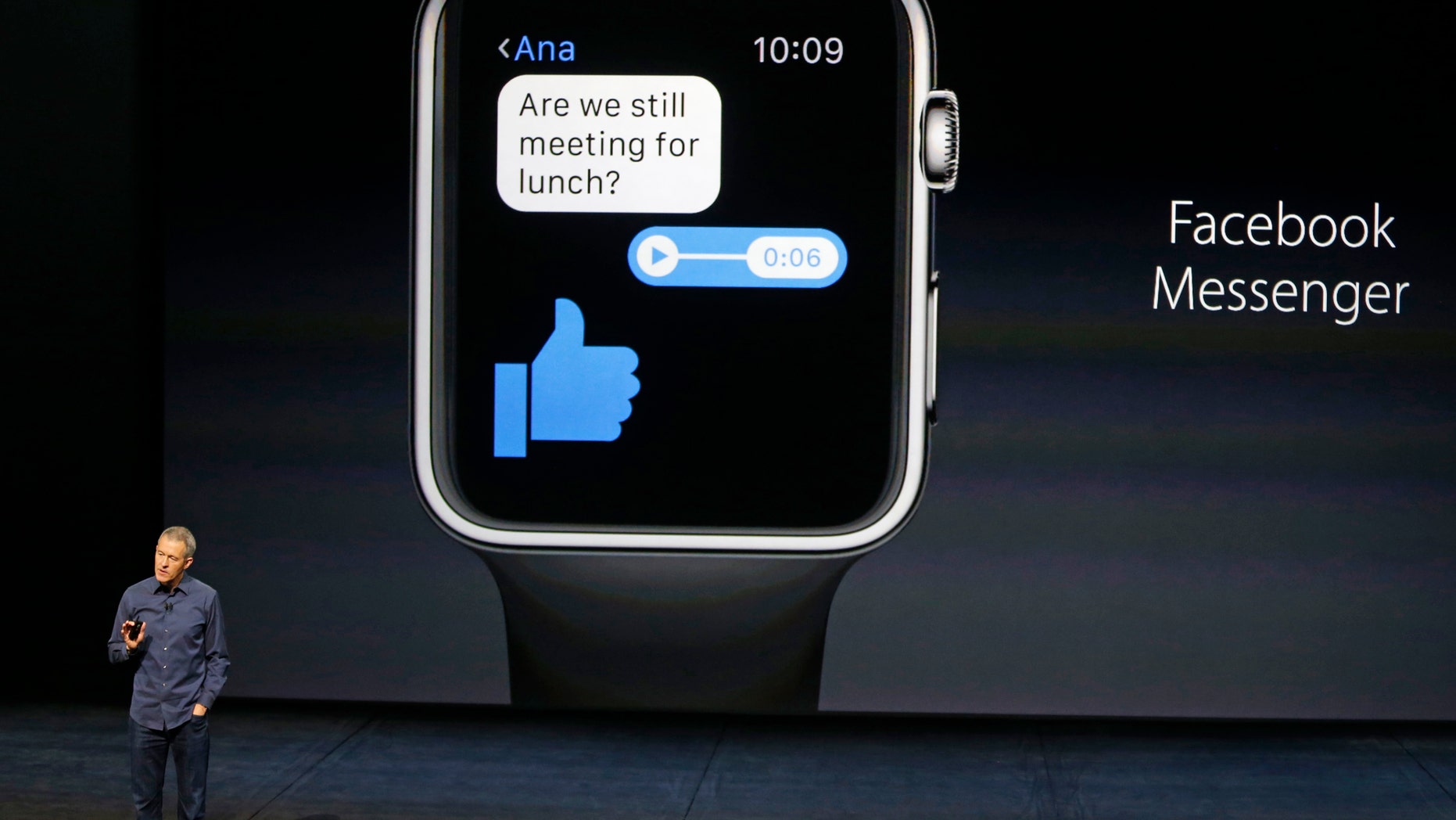 Jeff Williams, Apple's senior vice president of Operations, speaks about the Apple Watch and Facebook Messenger during an Apple media event in San Francisco, California, September 9, 2015. (Reuters/Beck Diefenbach)
