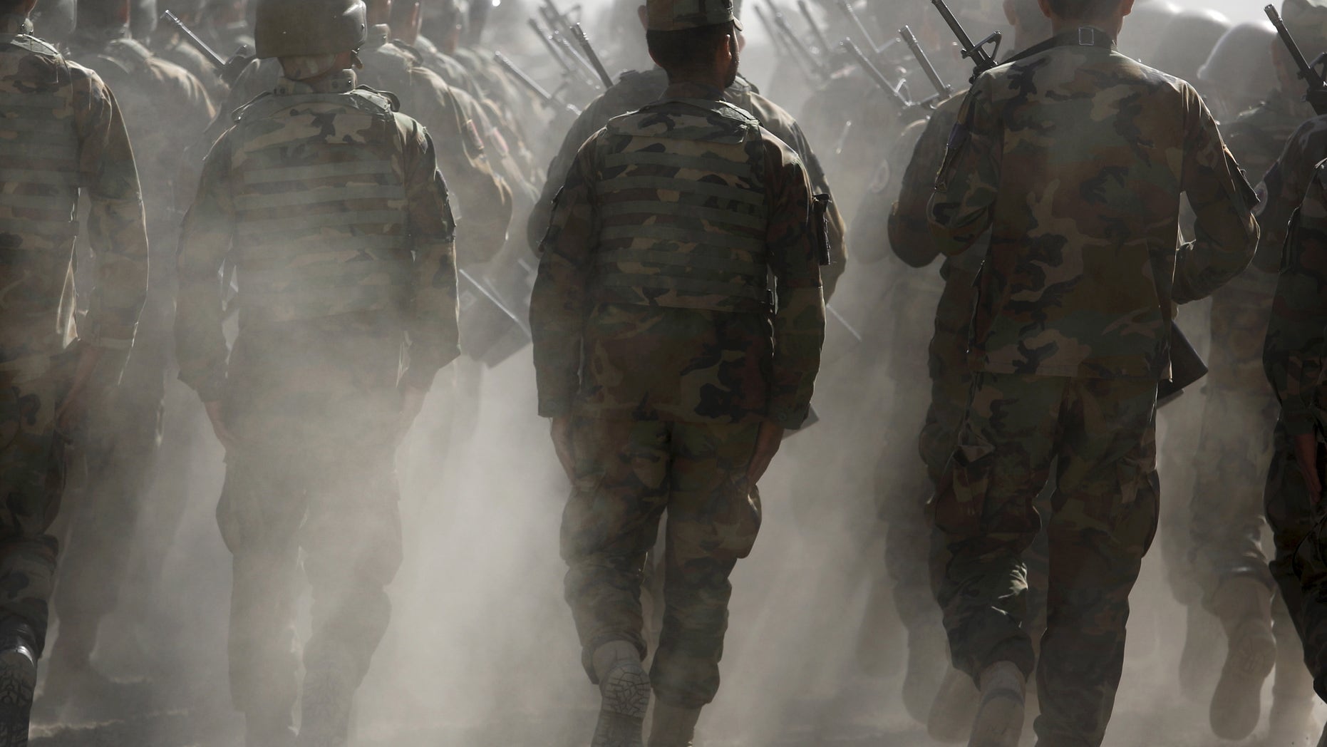 Afghan National Army officers march during a training exercise in Kabul.