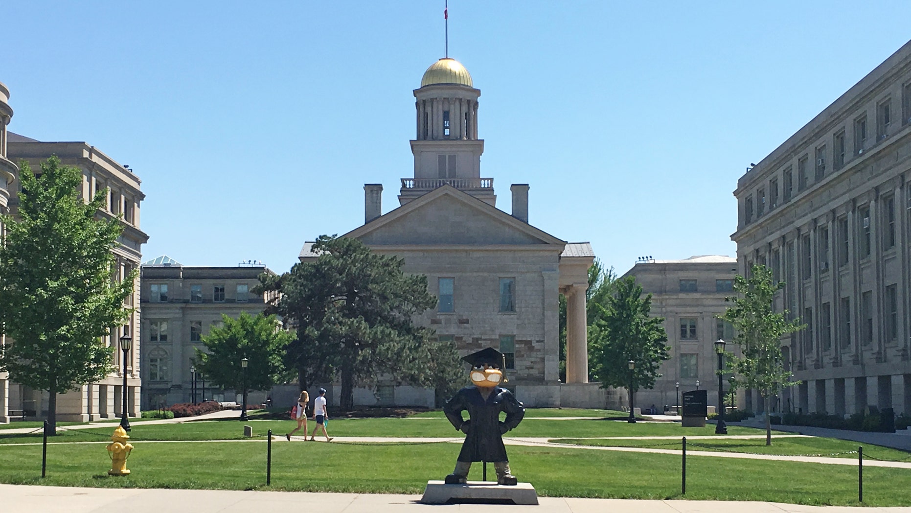 School mascot Herky the Hawk in front of the Old Capitol Museum at the University of Iowa.
