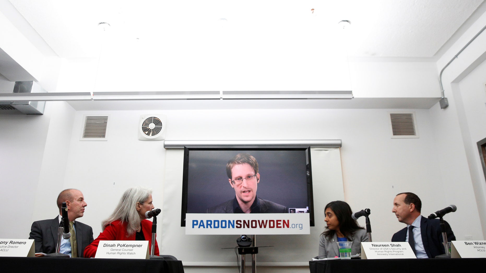 September 14, 2016: Edward Snowden speaks via video link during a news conference in New York City.