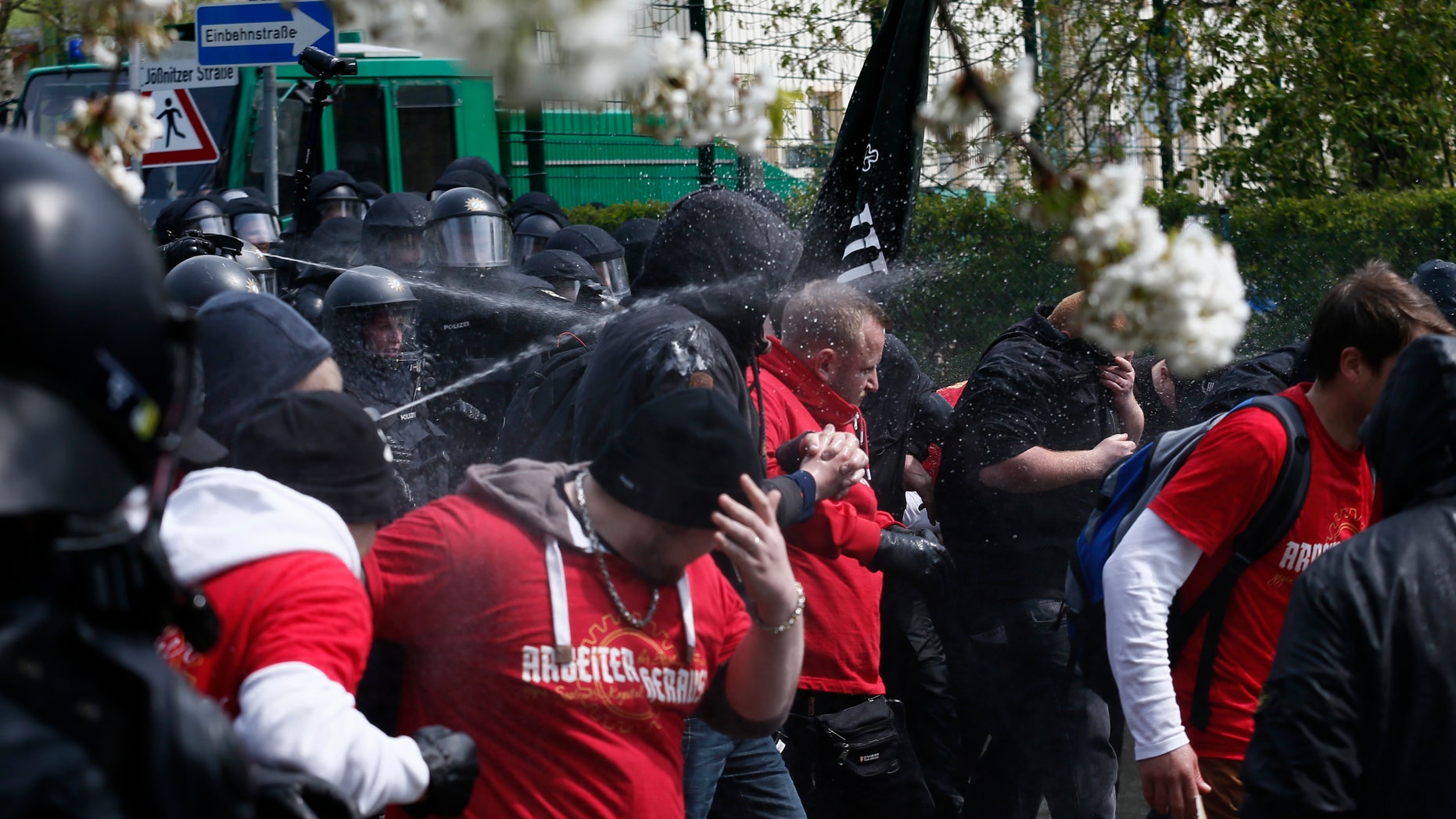 May 1, 2016: German police use pepper spray against right-wing protestors during a demonstration in the town of Plauen, Germany. (Reuters)