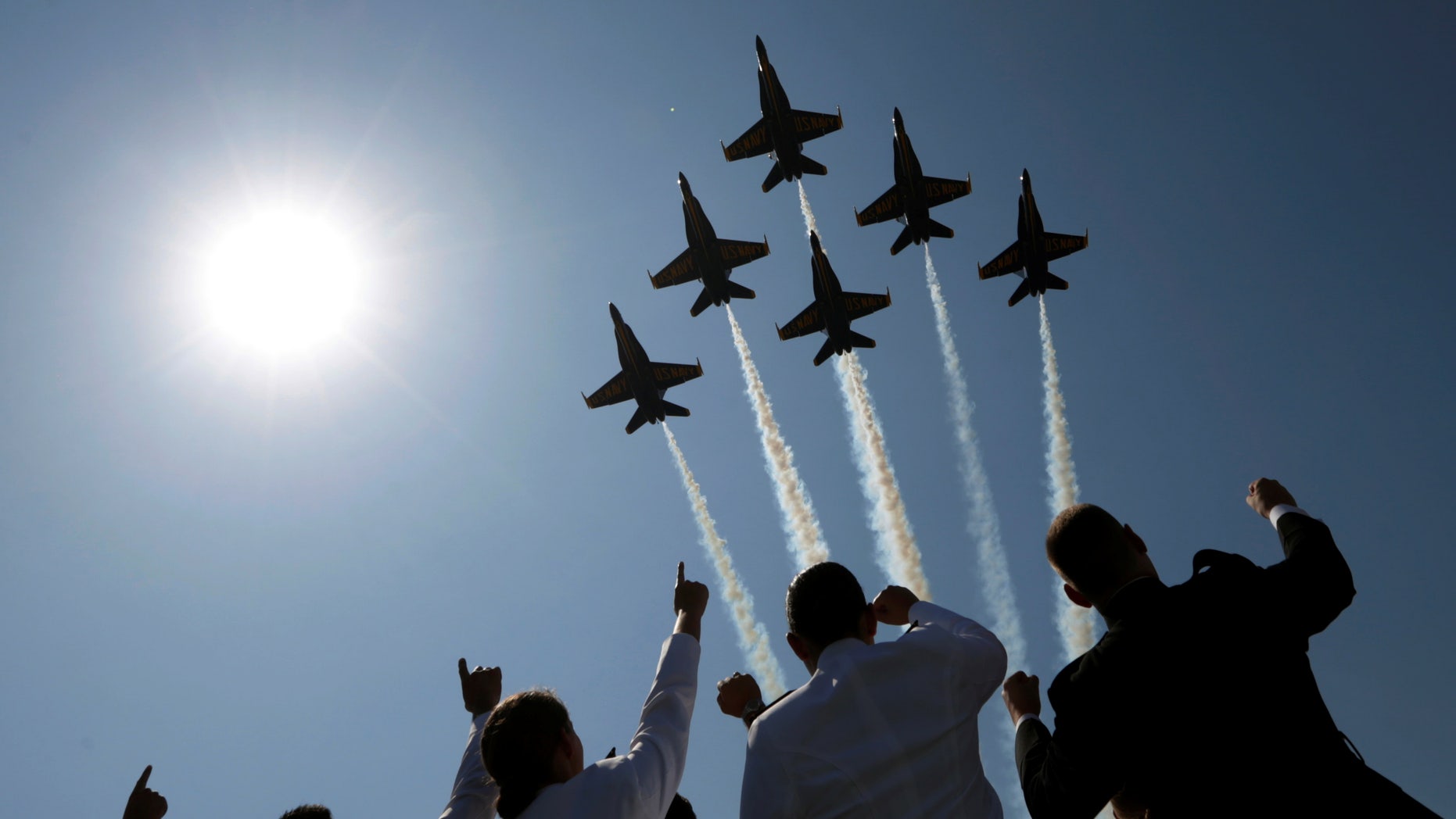 The Blue Angels perform a fly-over at the start of the graduation and commissioning ceremony at the U.S. Naval Academy in Annapolis, Maryland, May 27.