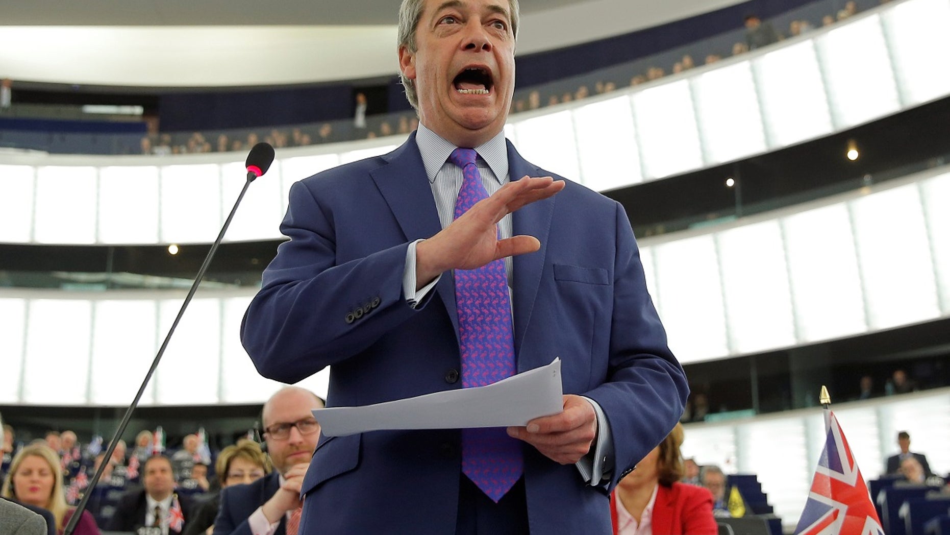 igel Farage, United Kingdom Independence Party (UKIP) member and MEP, addresses the European Parliament during a debate on Brexit priorities and the upcoming talks on the UK's withdrawal from the EU, in Strasbourg, France, April 5, 2017.