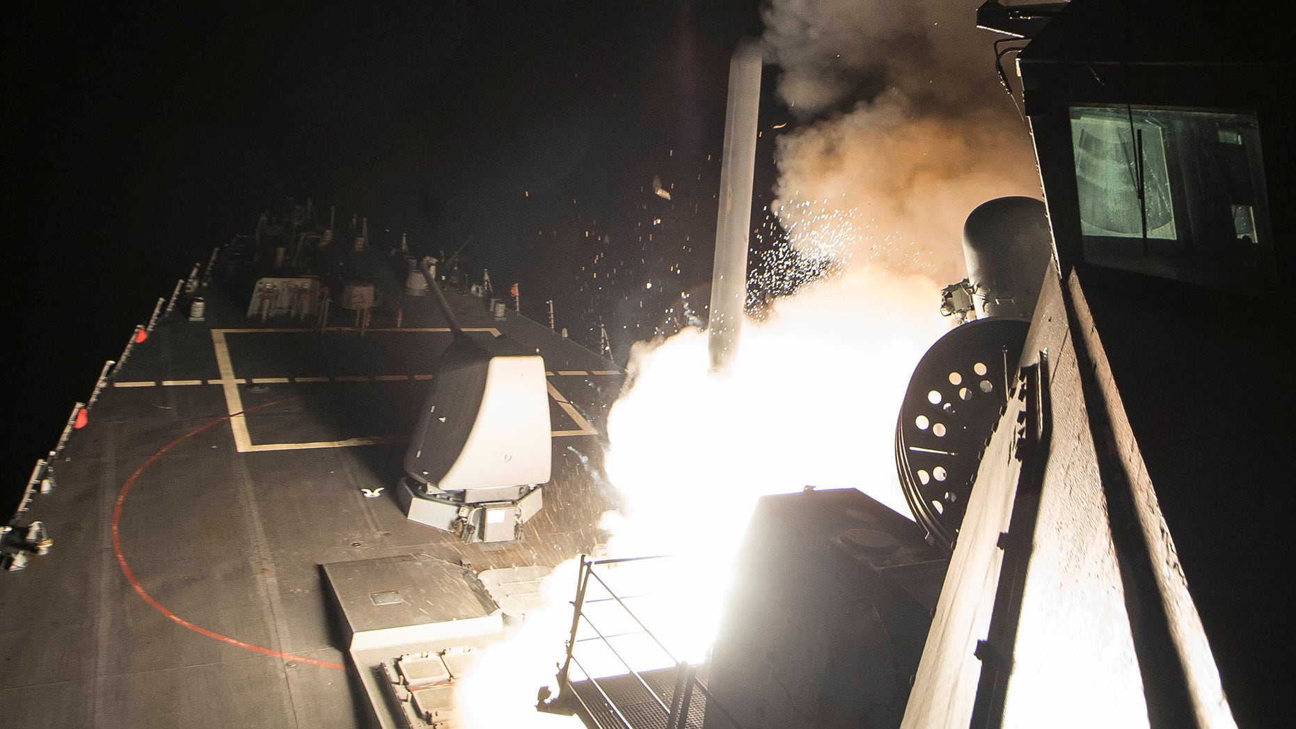 April 7, 2017: U.S. Navy guided-missile destroyer USS Ross (DDG 71) fires a tomahawk land attack missile in Mediterranean Sea.