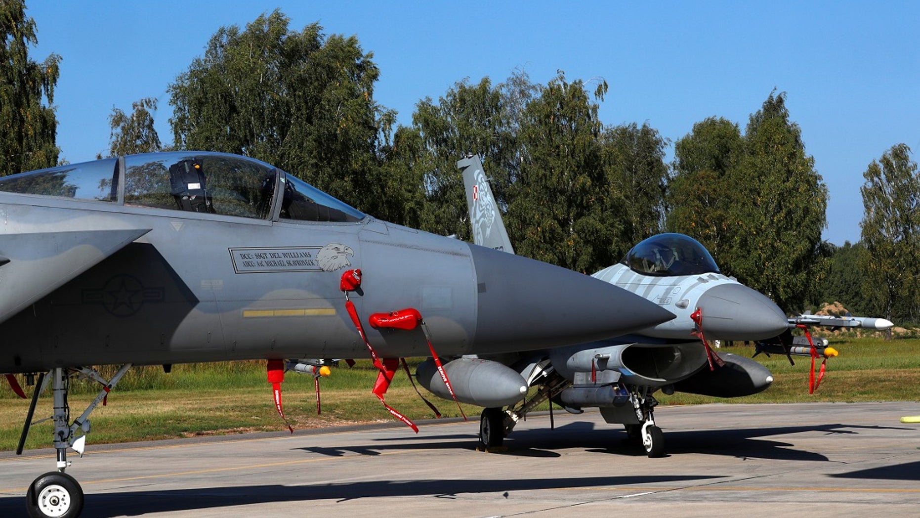 U.S. Air Force F-15C Eagle fighter and Polish Air Force F-16 fighter are seen during a NATO Baltic air policing mission in Lithuania.