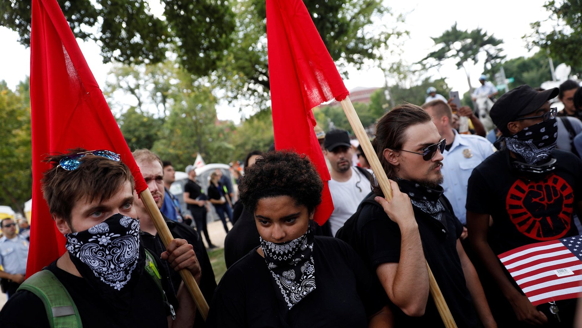 Antifa supporters participate in a protest on the National Mall in Washington, D.C.