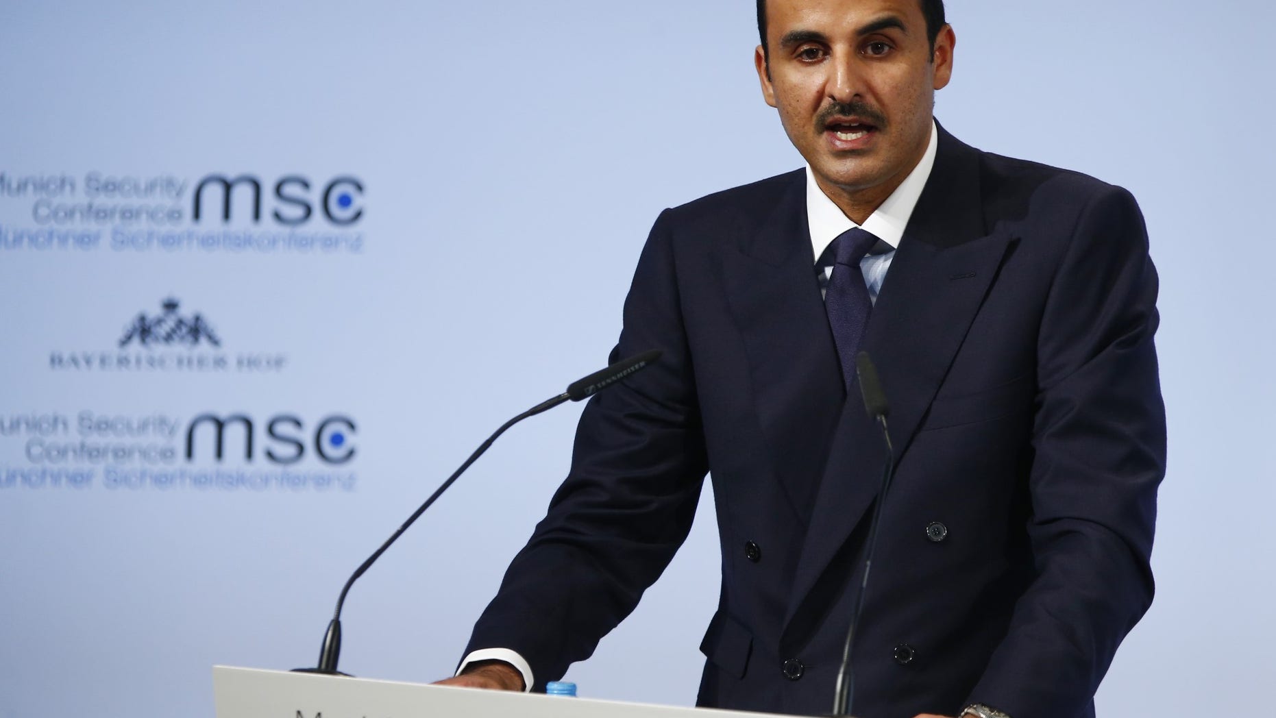 FILE -- Emir of Qatar Sheikh Tamim bin Hamad al-Thani talks at the Munich Security Conference in Munich, Germany, February 16, 2018.