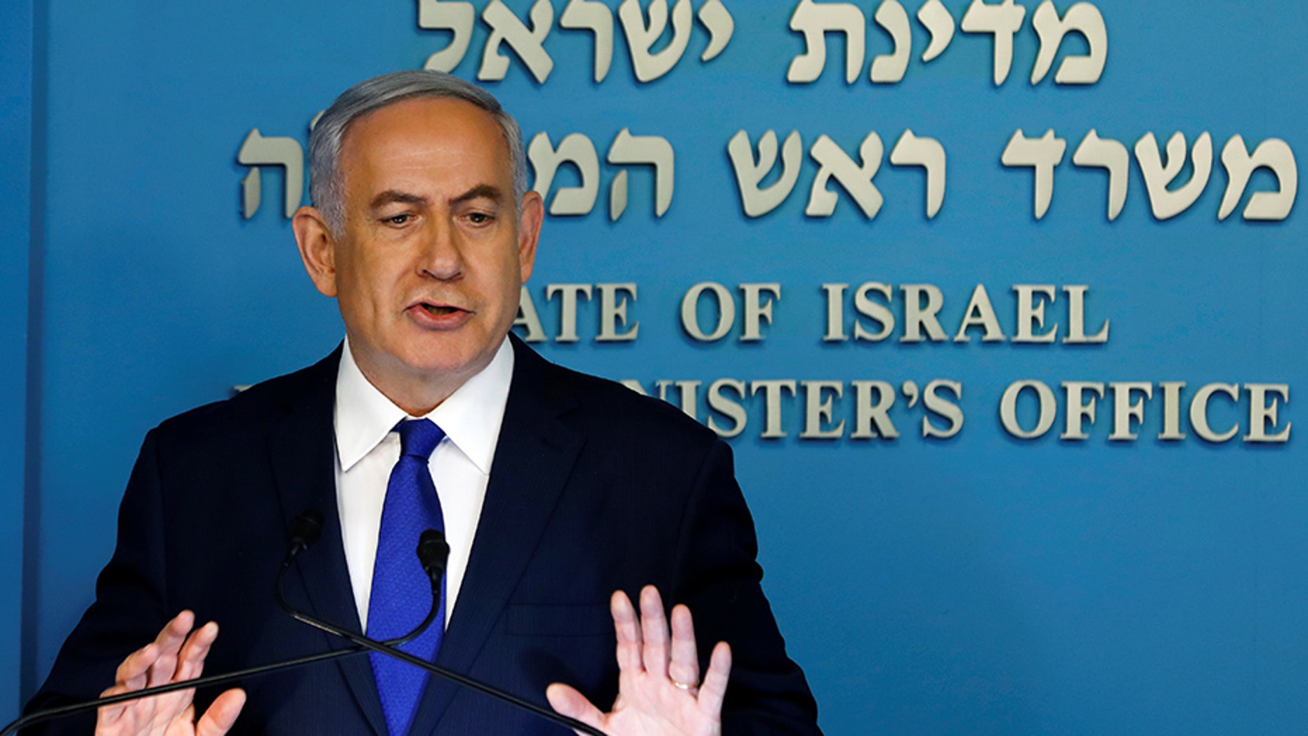 Israeli Prime Minister Benjamin Netanyahu speaks during a news conference in Jerusalem.