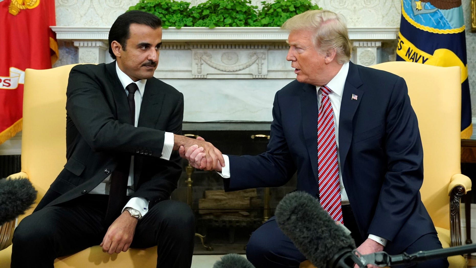 FILE -- President Donald Trump meets Qatar's Emir Sheikh Tamim bin Hamad al-Thani in the Oval Office at the White House in Washington, April 10, 2018.