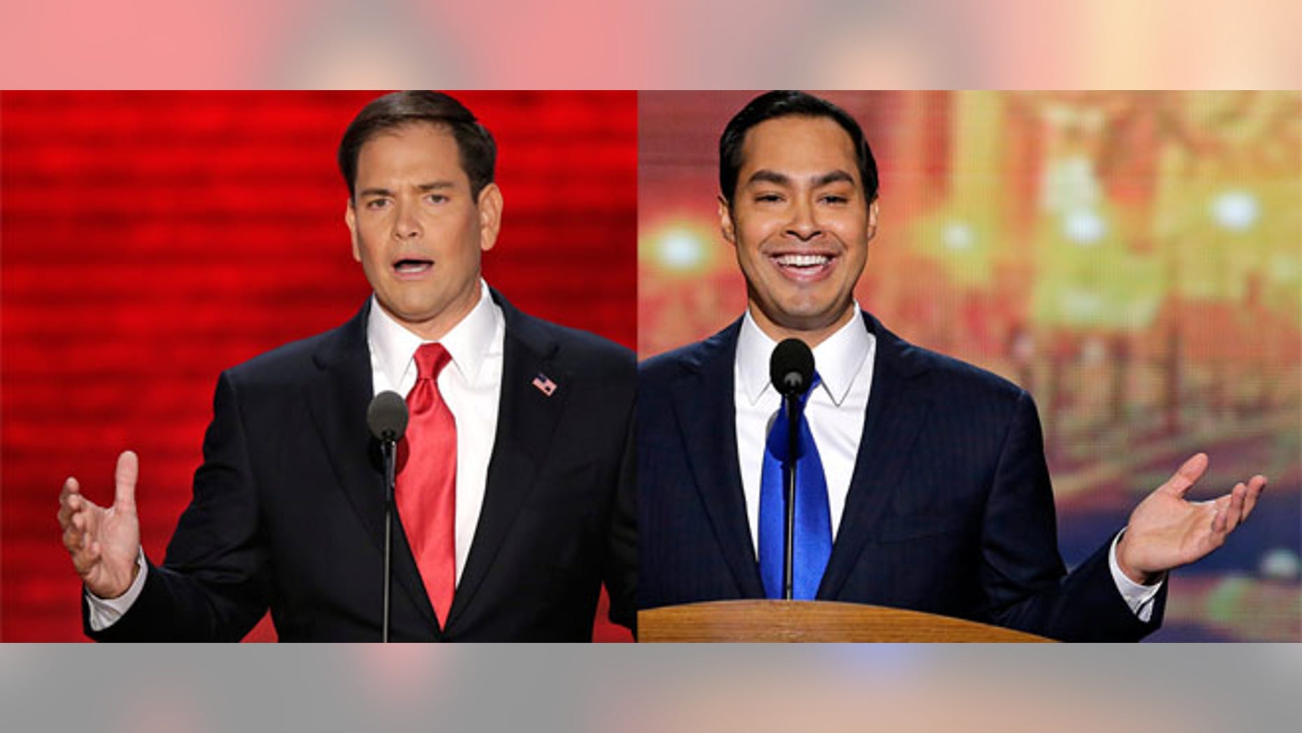 Sen. Marco Rubio (R-Fl) addresses the Republican National Convention (left) in Tampa, Fl and San Antonio Mayor Julian Castro addresses the Democratic National Convention in Charlotte, NC.