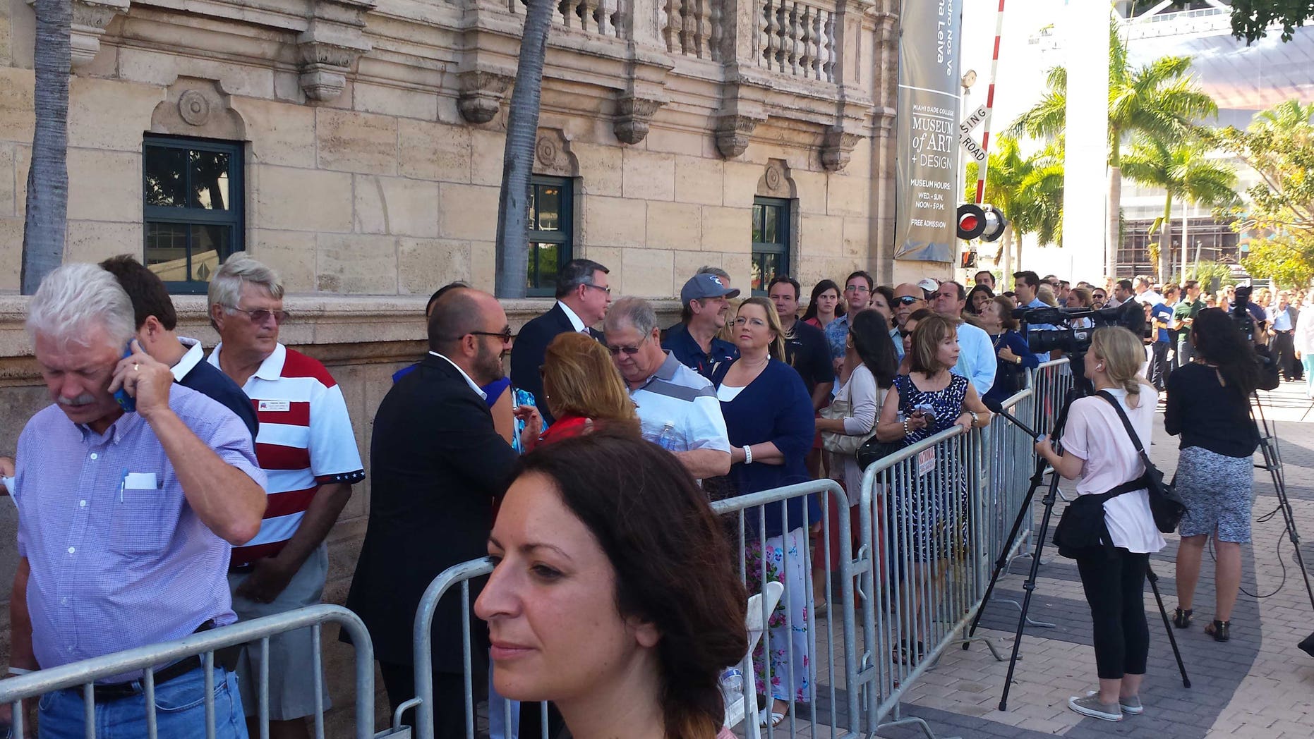 Supporters wait outside the Freedom Tower to hear Marco Rubio's announcement about running for president in 2016.