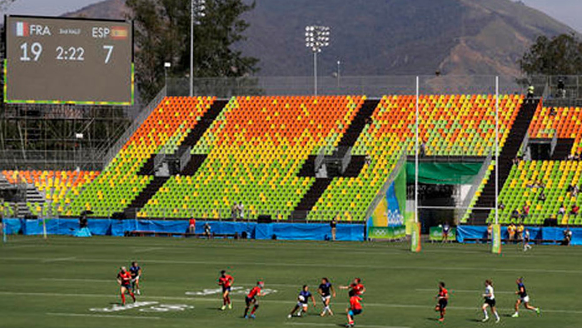 Seats sit empty during the second half of the inaugural women's rugby match between France and Spain at the Summer Olympics in Rio de Janeiro, Brazil, Saturday, Aug. 6, 2016.