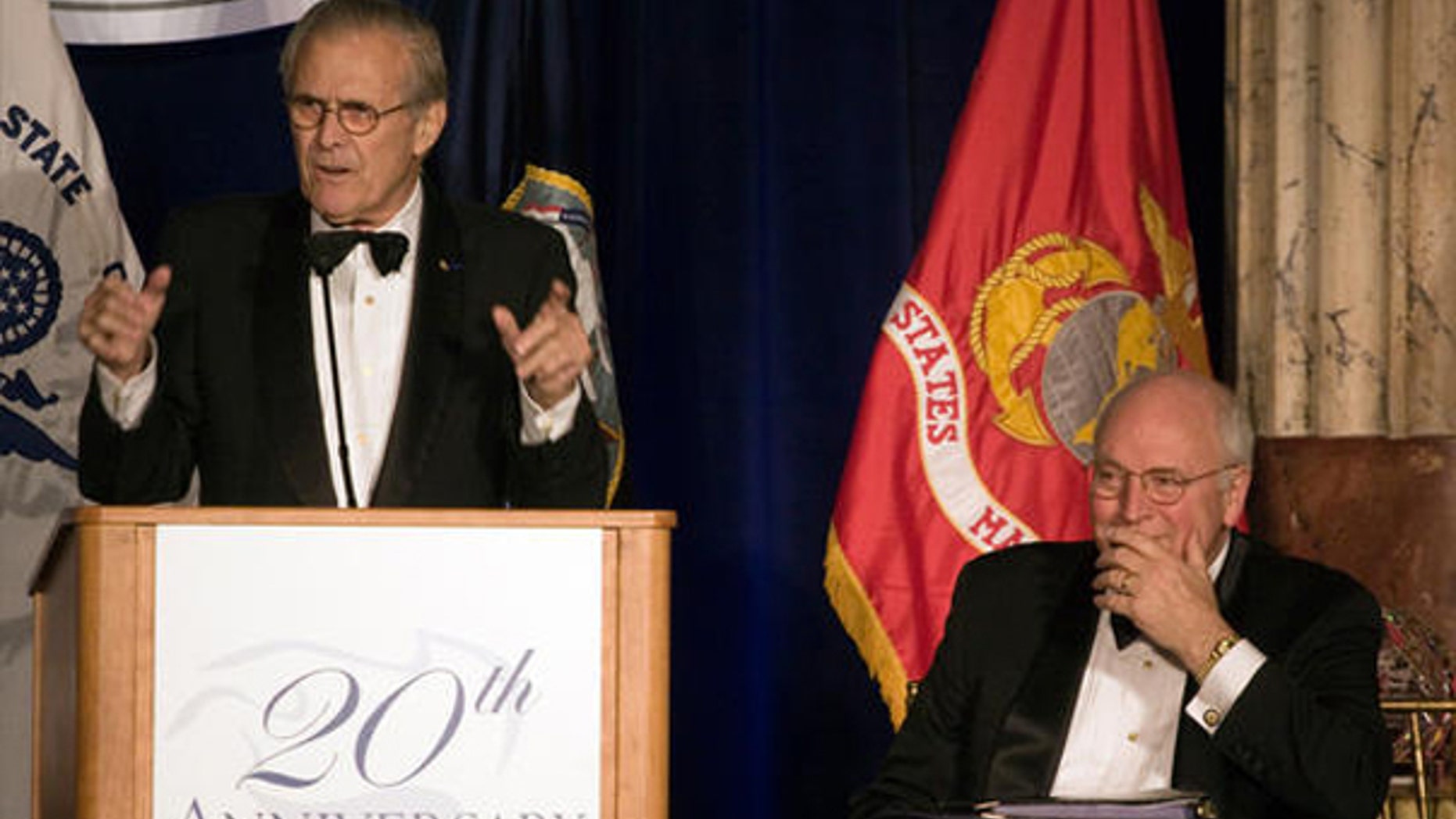 Oct. 21, 2009: Former Defense Secretary Donald Rumsfeld speaks as former Vice President Dick Cheney listens at the Center For Security Policy dinner in Washington, D.C. (AP Photo)