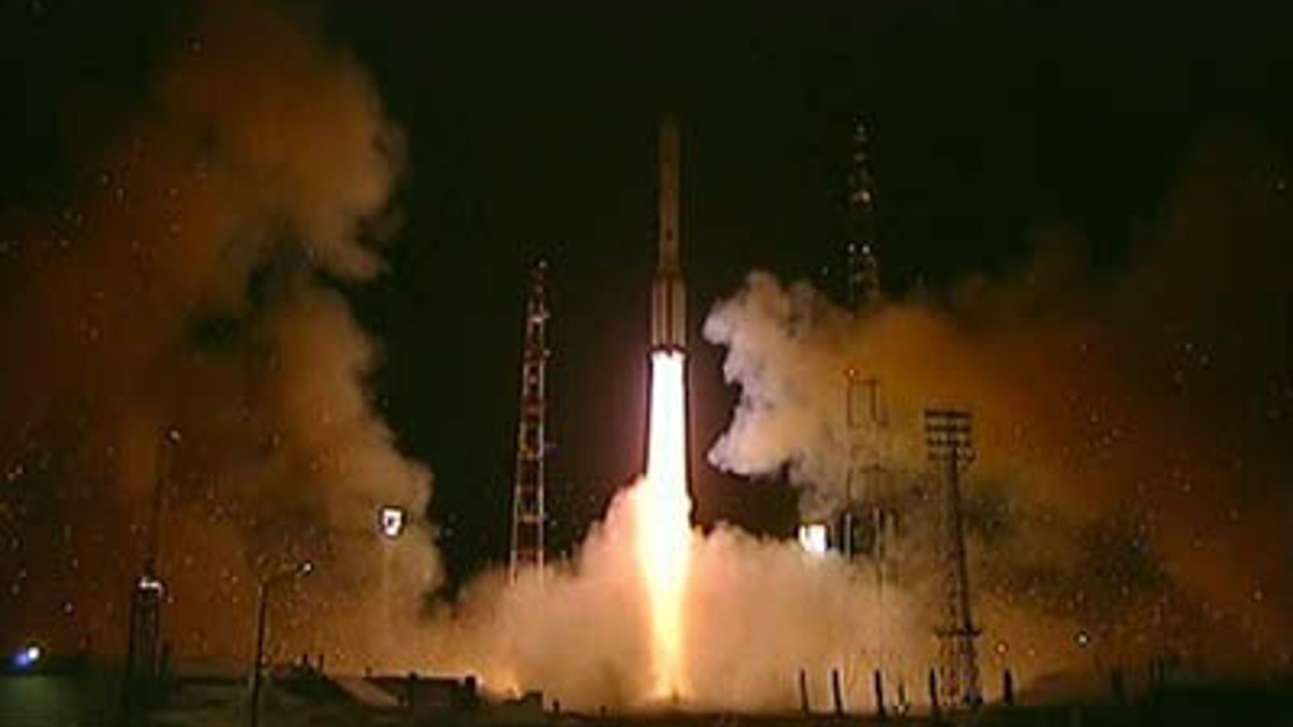 A Russian Proton rocket launches toward space carrying the Telkom 3 and Express MD2 satellites on Aug. 6, 2012 from Baikonur Cosmodrome in Kazakhstan. The rocket suffered a third stage failure during the ill-fated mission.